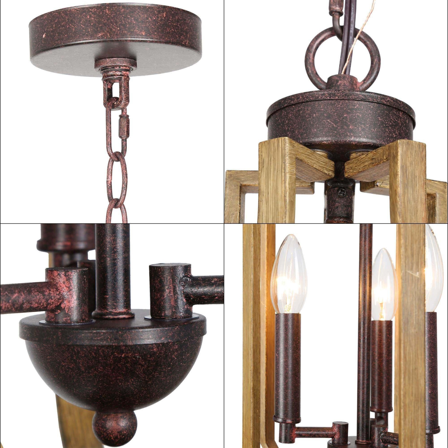 Modern Farmhouse 3-Light Wood Grain Lantern Island Pendant Lights for Dining Room