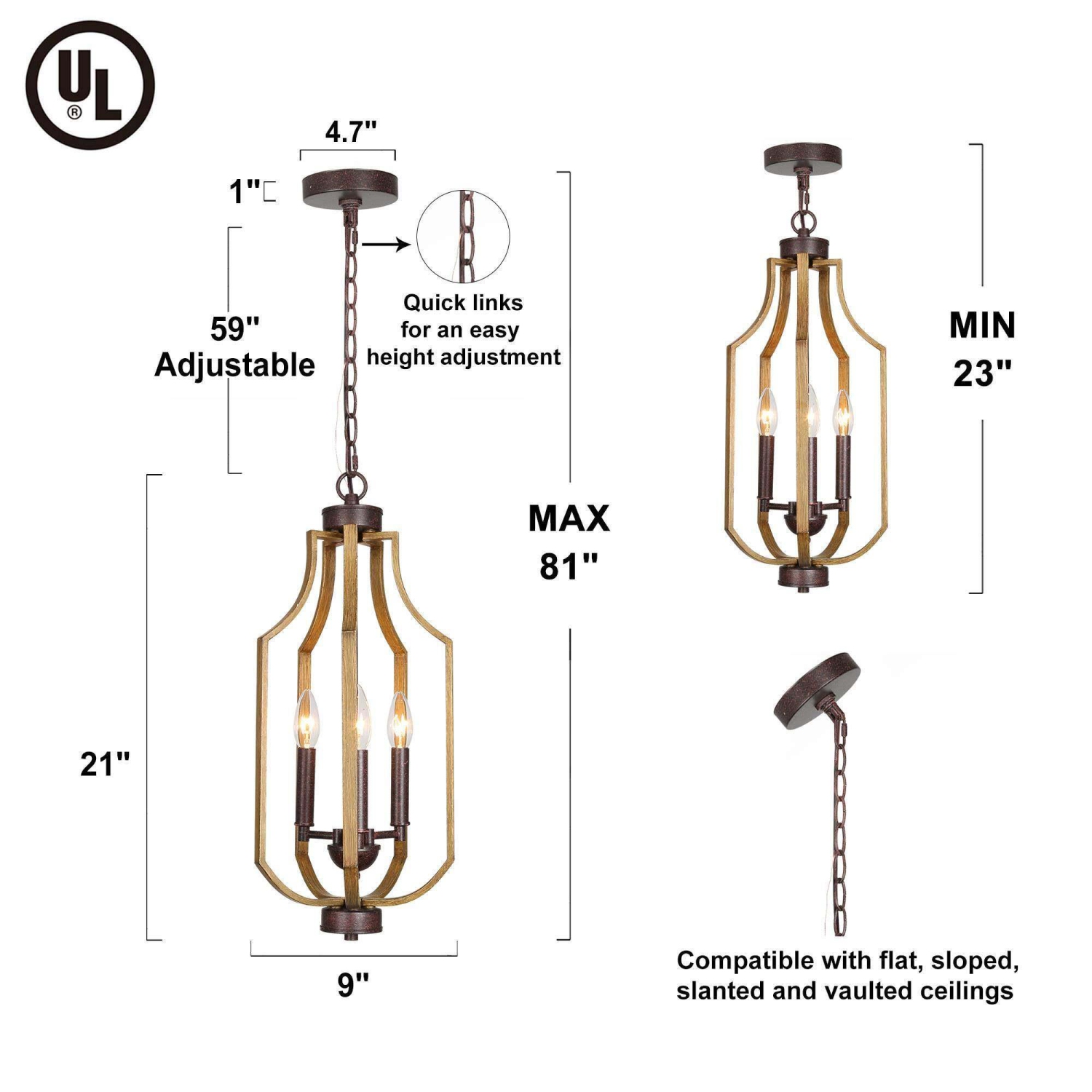 Modern Farmhouse 3-Light Wood Grain Lantern Island Pendant Lights for Dining Room