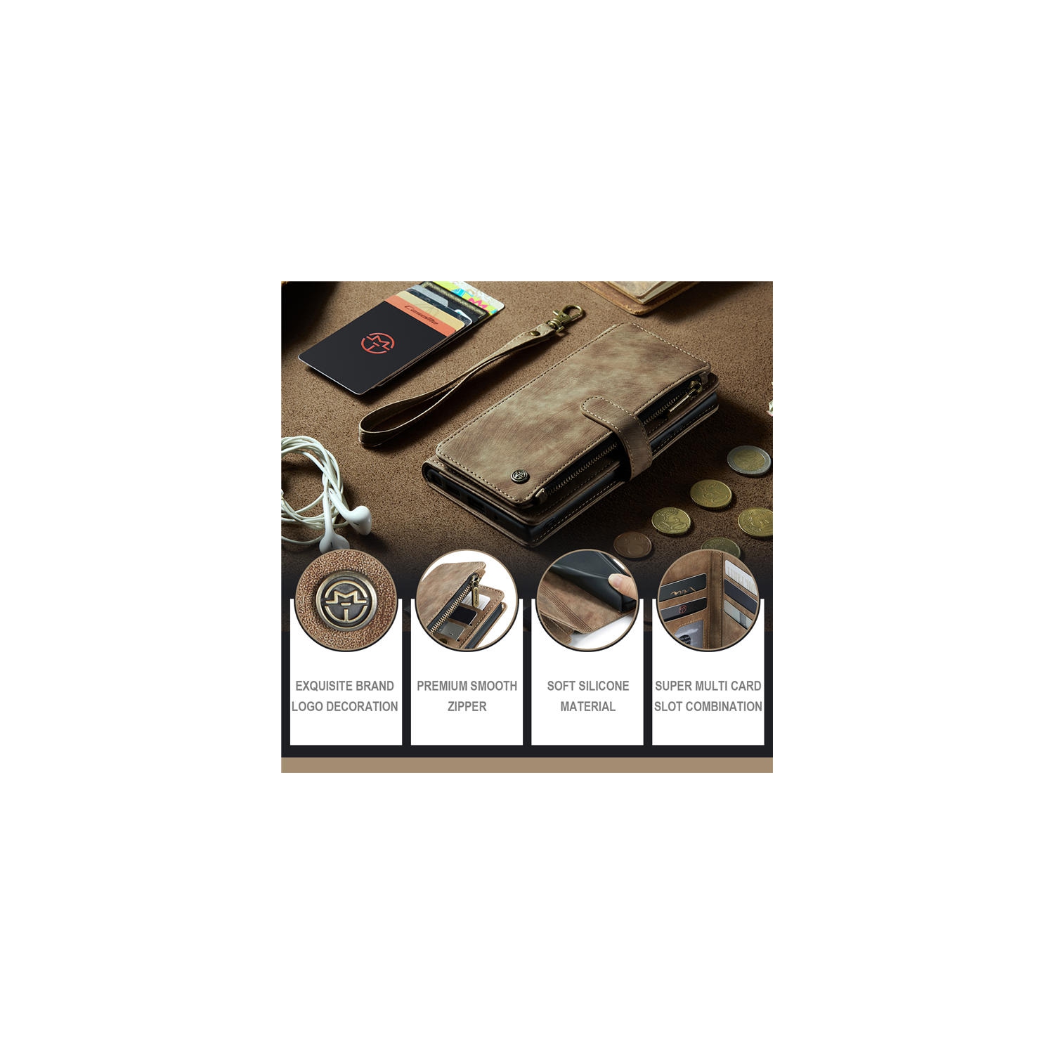 CaseMe Wallet Case Premium Handmade PU Leather Phone Case Card Slots Magnetic Closure Zipper Pocket Kickstand Flip Case with Hand Strap for iPhone 14