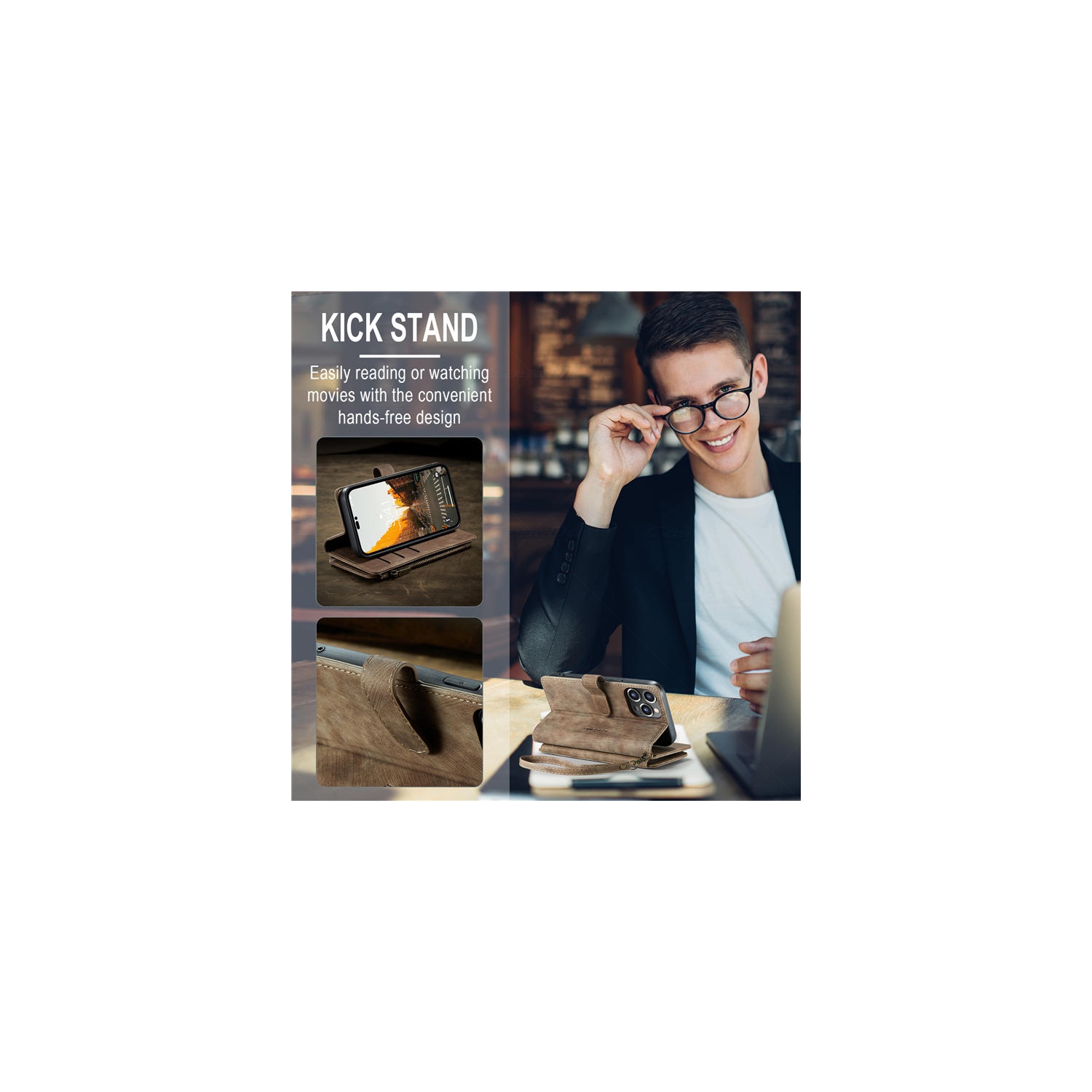 CaseMe Wallet Case Premium Handmade PU Leather Phone Case Card Slots Magnetic Closure Zipper Pocket Kickstand Flip Case with Hand Strap for iPhone 14