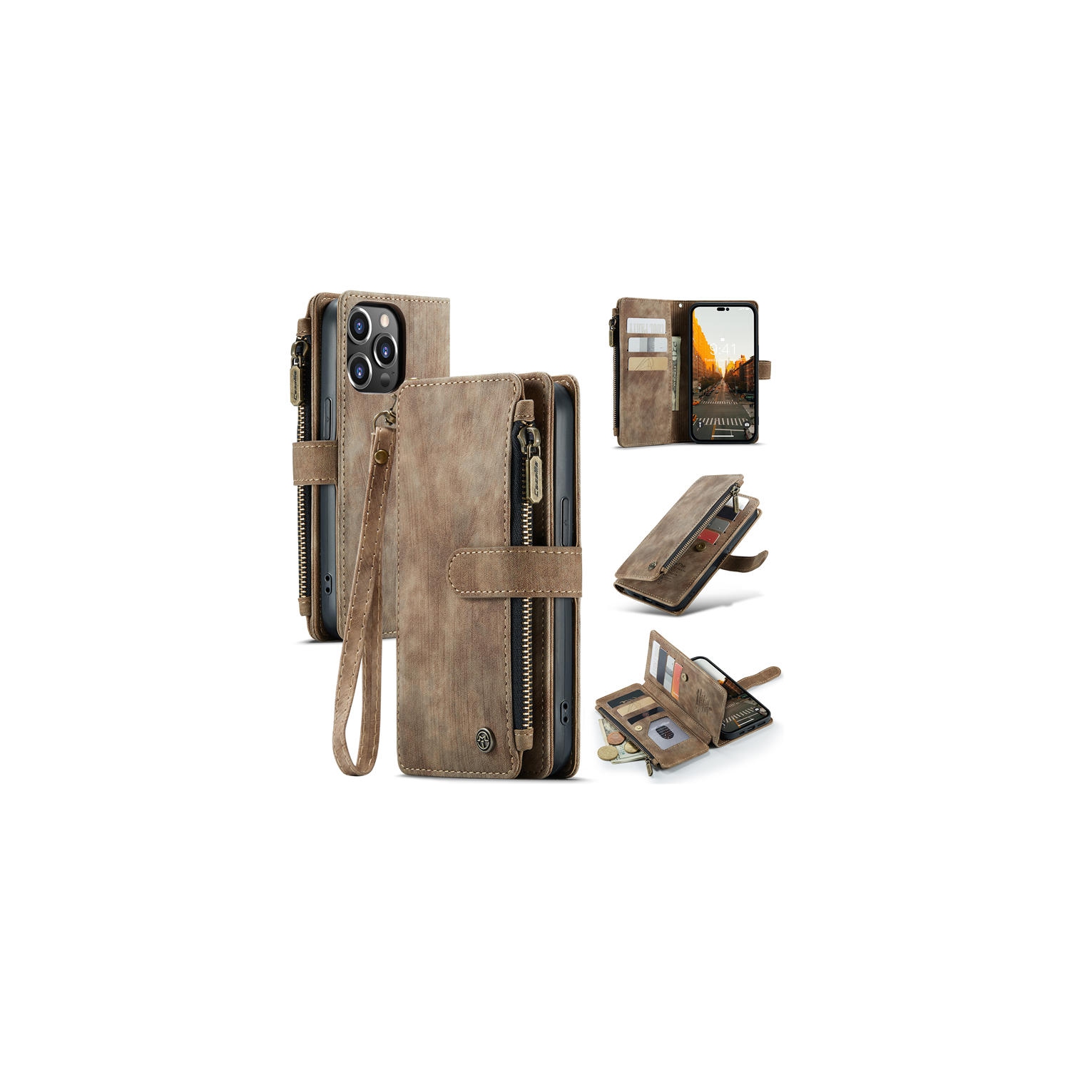 CaseMe Wallet Case Premium Handmade PU Leather Phone Case Card Slots Magnetic Closure Zipper Pocket Kickstand Flip Case with Hand Strap for iPhone 14