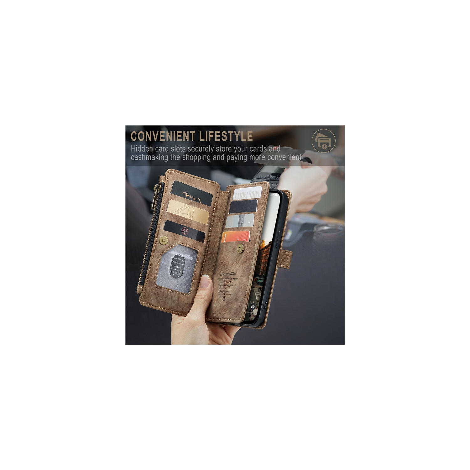 CaseMe Wallet Case Premium Handmade PU Leather Phone Case Card Slots Magnetic Closure Zipper Pocket Kickstand Flip Case with Hand Strap for iPhone 14