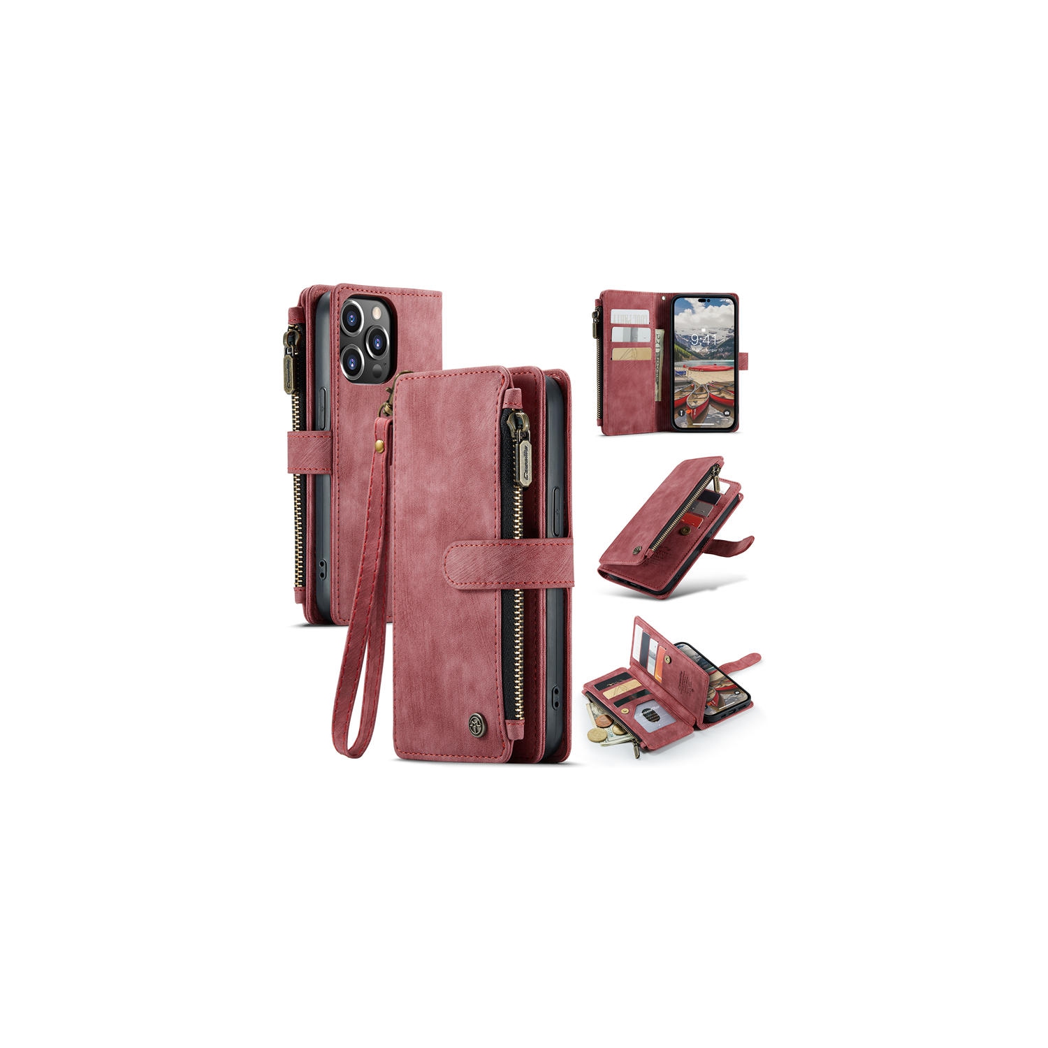 CaseMe Wallet Case Premium Handmade PU Leather Phone Case Card Slots Magnetic Closure Zipper Pocket Kickstand Flip Case with Hand Strap for iPhone 14
