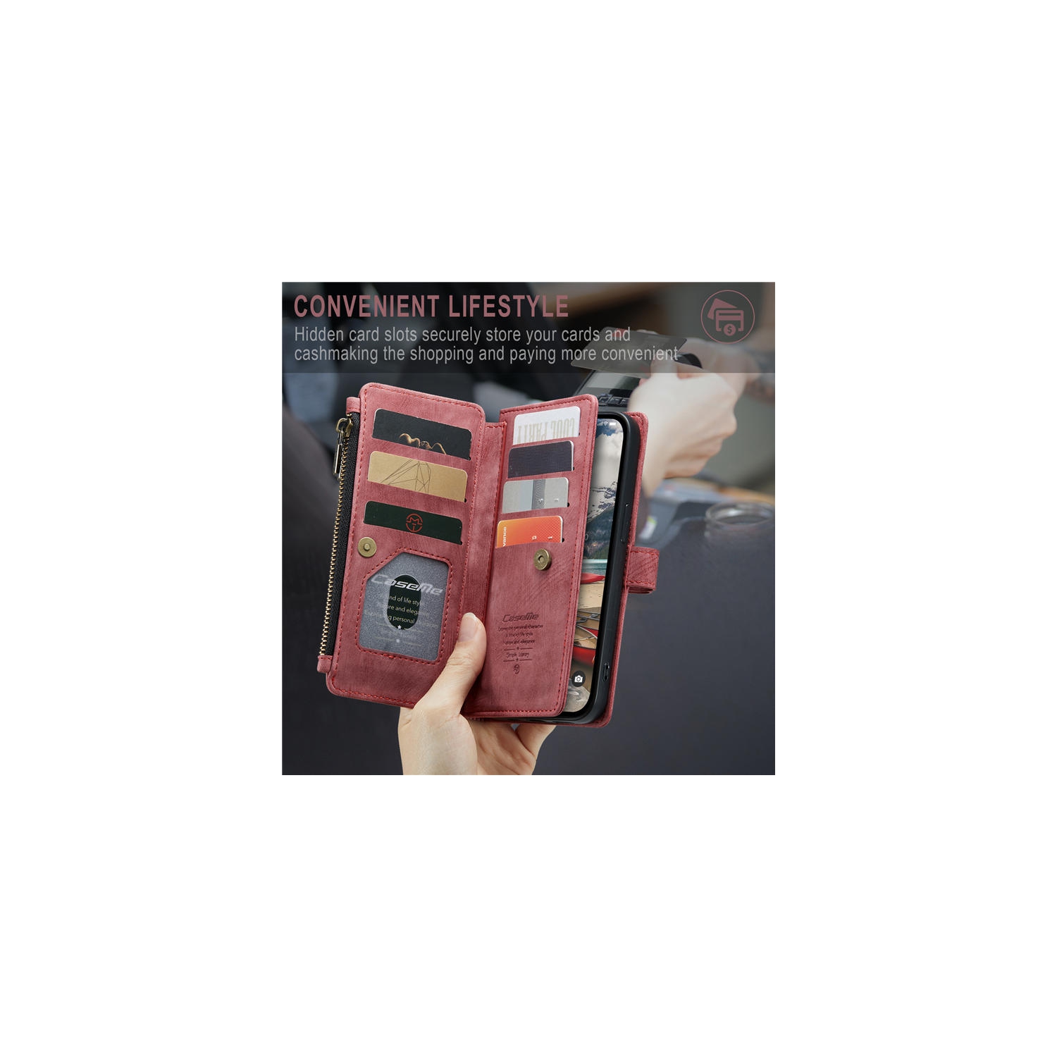 CaseMe Wallet Case Premium Handmade PU Leather Phone Case Card Slots Magnetic Closure Zipper Pocket Kickstand Flip Case with Hand Strap for iPhone 14