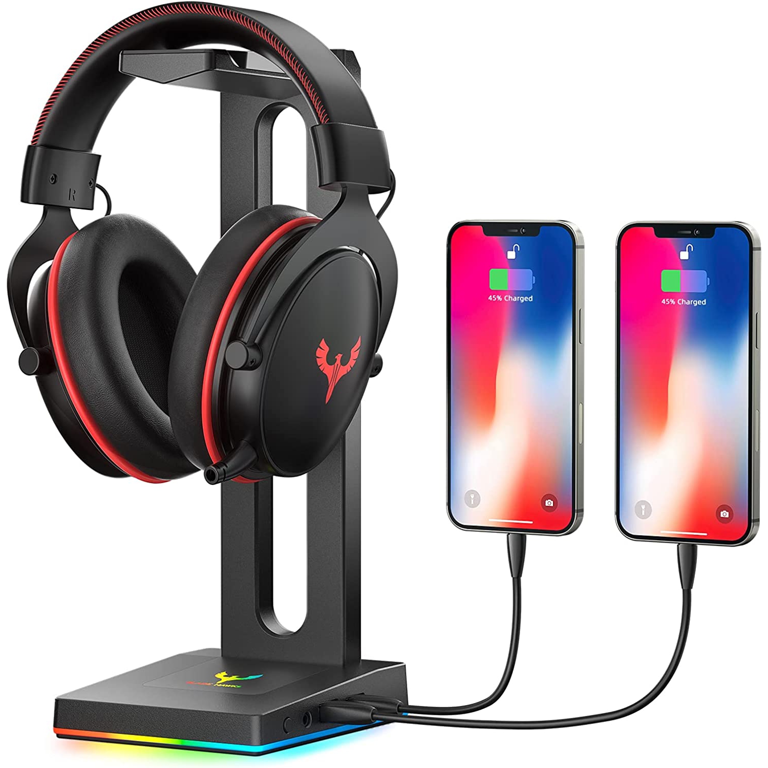 RGB Headphone Stand, Gaming Headphone Stand with 2 USB Charging Ports, 3.5mm Aux Port,Headphone Holder for Gamers Gaming PC Accessories Desk