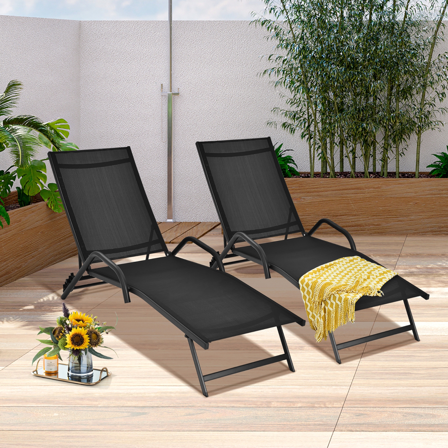 Gymax 2PCS Outdoor Patio Chaise Reclining Lounge Chairs w/ 5-Position Adjust Backrest