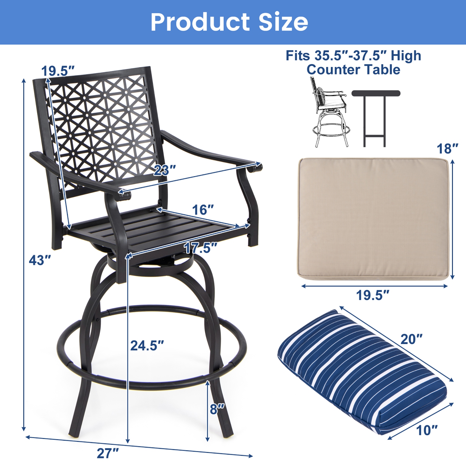 Gymax 2 PCS Patio Swivel Bar Chairs Metal Counter Height Bar Stools w/ Gentle Rocking