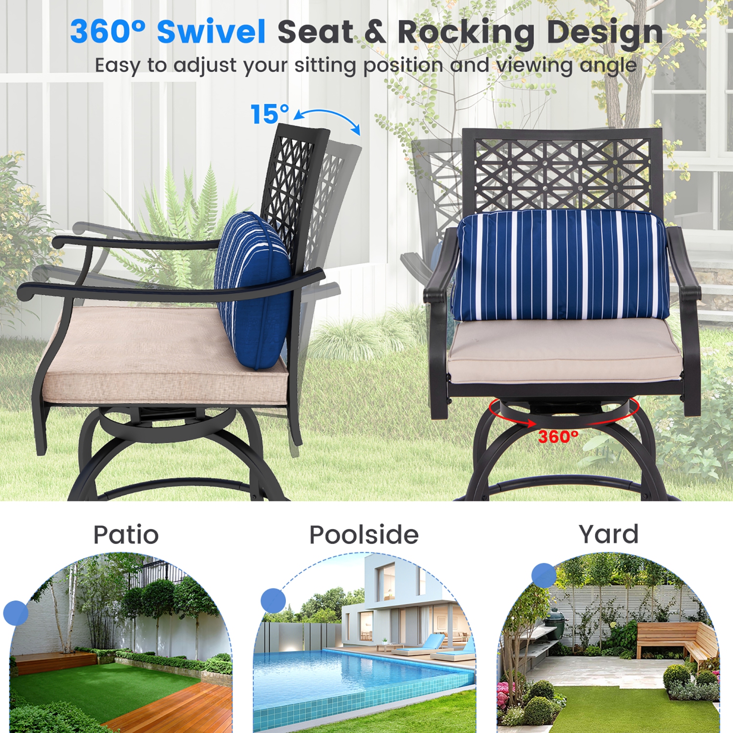 Gymax 2 PCS Patio Swivel Bar Chairs Metal Counter Height Bar Stools w/ Gentle Rocking