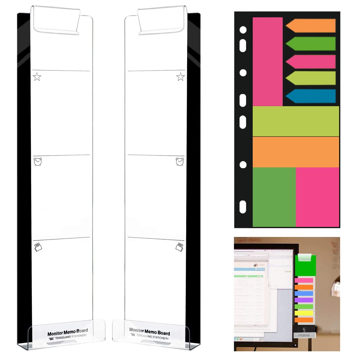 Multifunction Clear Computer Monitor Memo Boards, Set of 2 Acrylic Screen Message Pad Side Panel Phone Holder, Utility Organizer for Office Desktop,