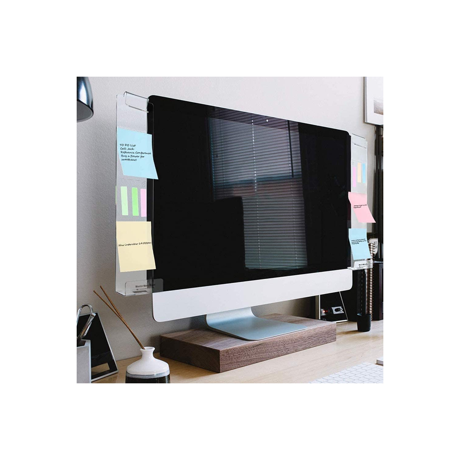 Multifunction Clear Computer Monitor Memo Boards, Set of 2 Acrylic Screen Message Pad Side Panel Phone Holder, Utility Organizer for Office Desktop,
