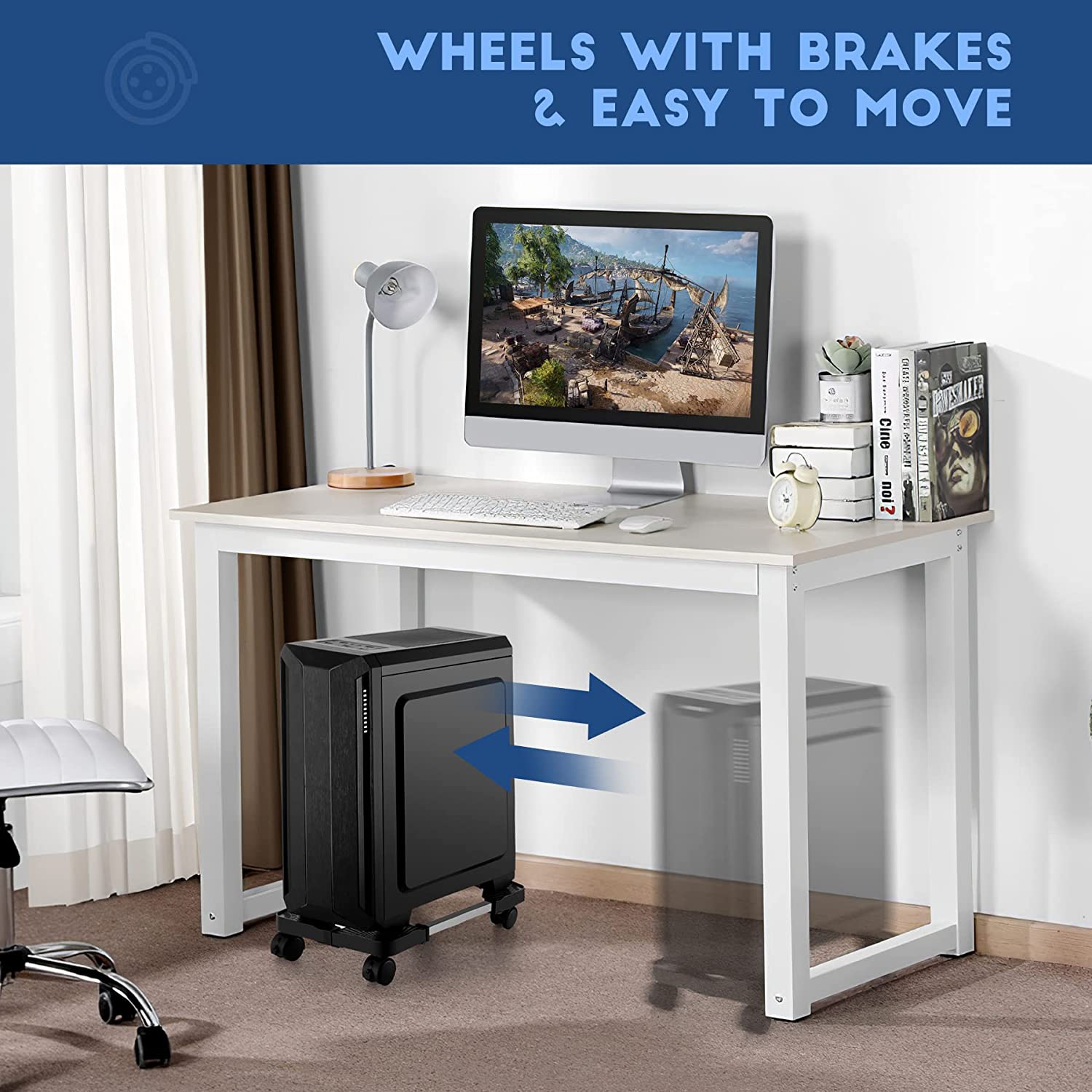 Computer Tower Stand,Hmseng Adjustable Mobile CPU Stand with 4 Rolling Caster Wheels, PC Tower Stand Fits Most PC Under Desk-Black