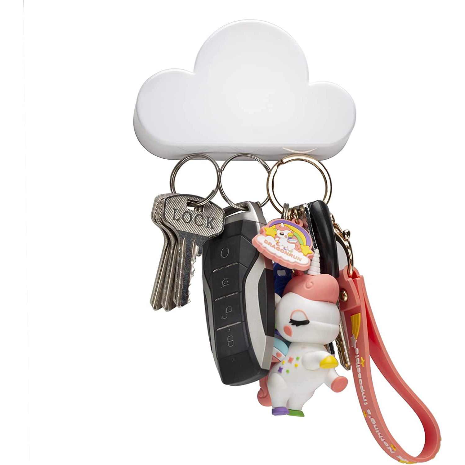 White Cloud Magnetic Wall Key Holder - Novelty Adhesive Cute Key Hanger Organizer, Easy to Mount - Powerful Magnets Keep Keychains and Loose Keys