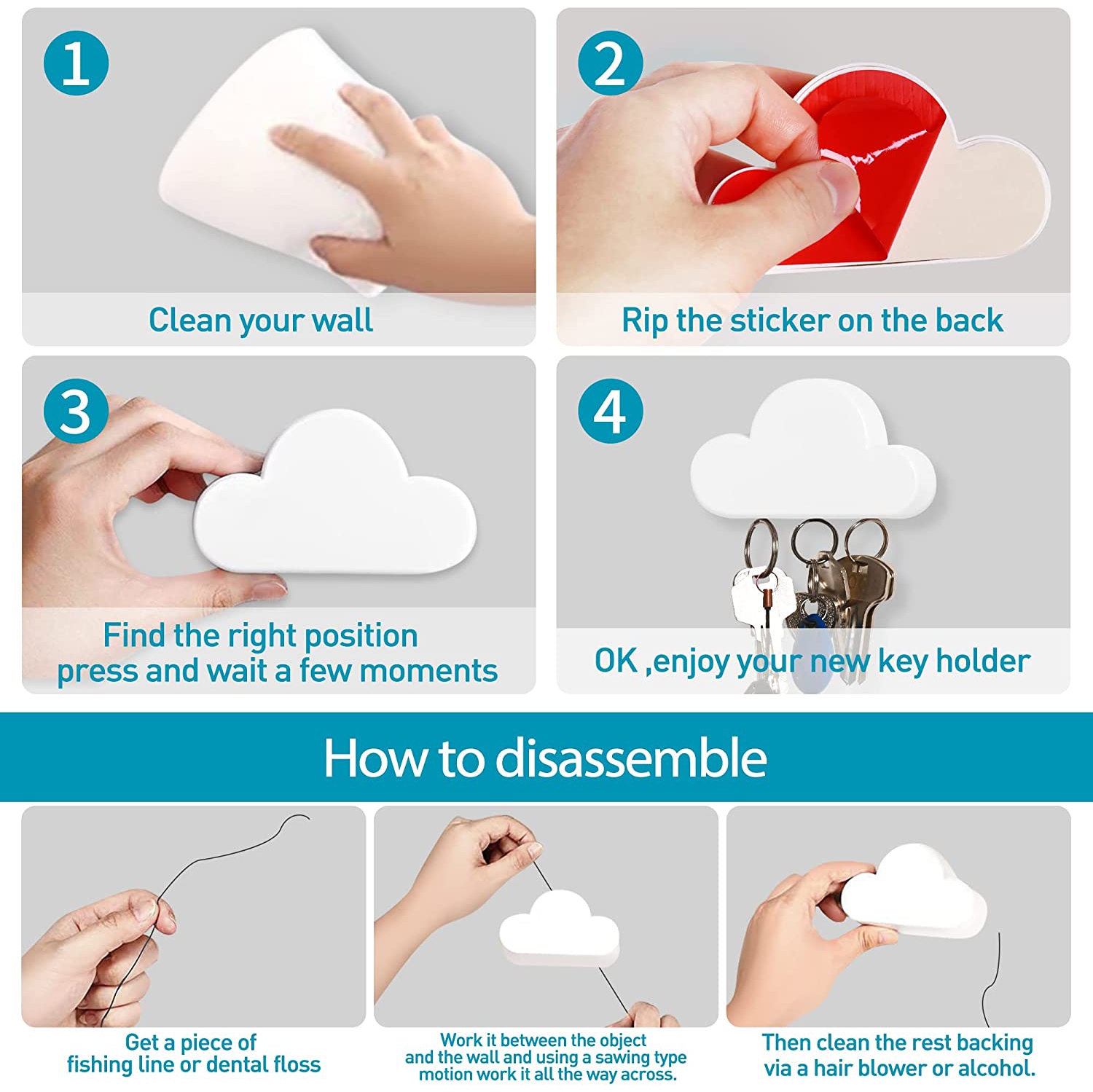 White Cloud Magnetic Wall Key Holder - Novelty Adhesive Cute Key Hanger Organizer, Easy to Mount - Powerful Magnets Keep Keychains and Loose Keys