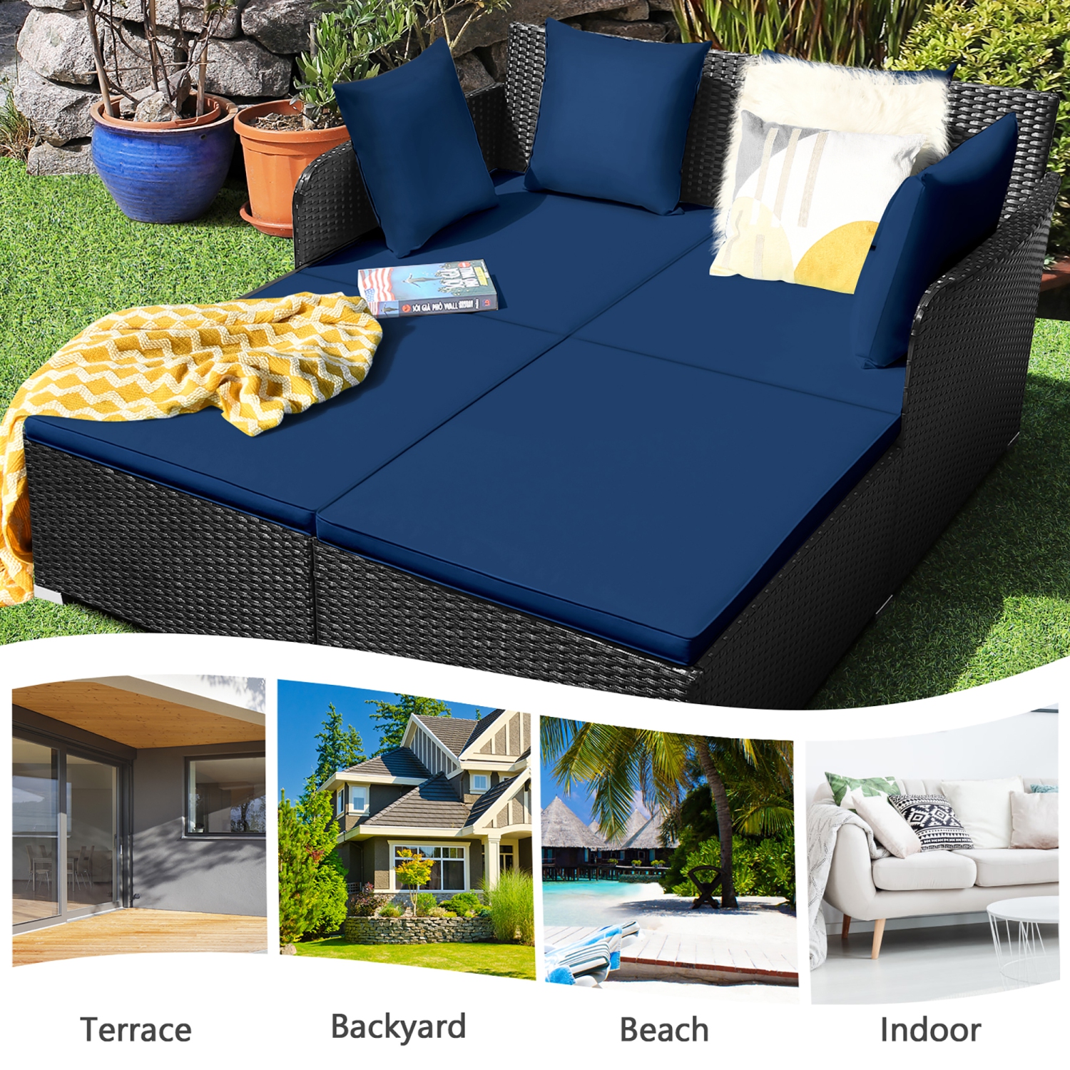 Gymax Rattan Patio Daybed Loveseat Sofa Yard Outdoor w/ Navy Cushions Pillows