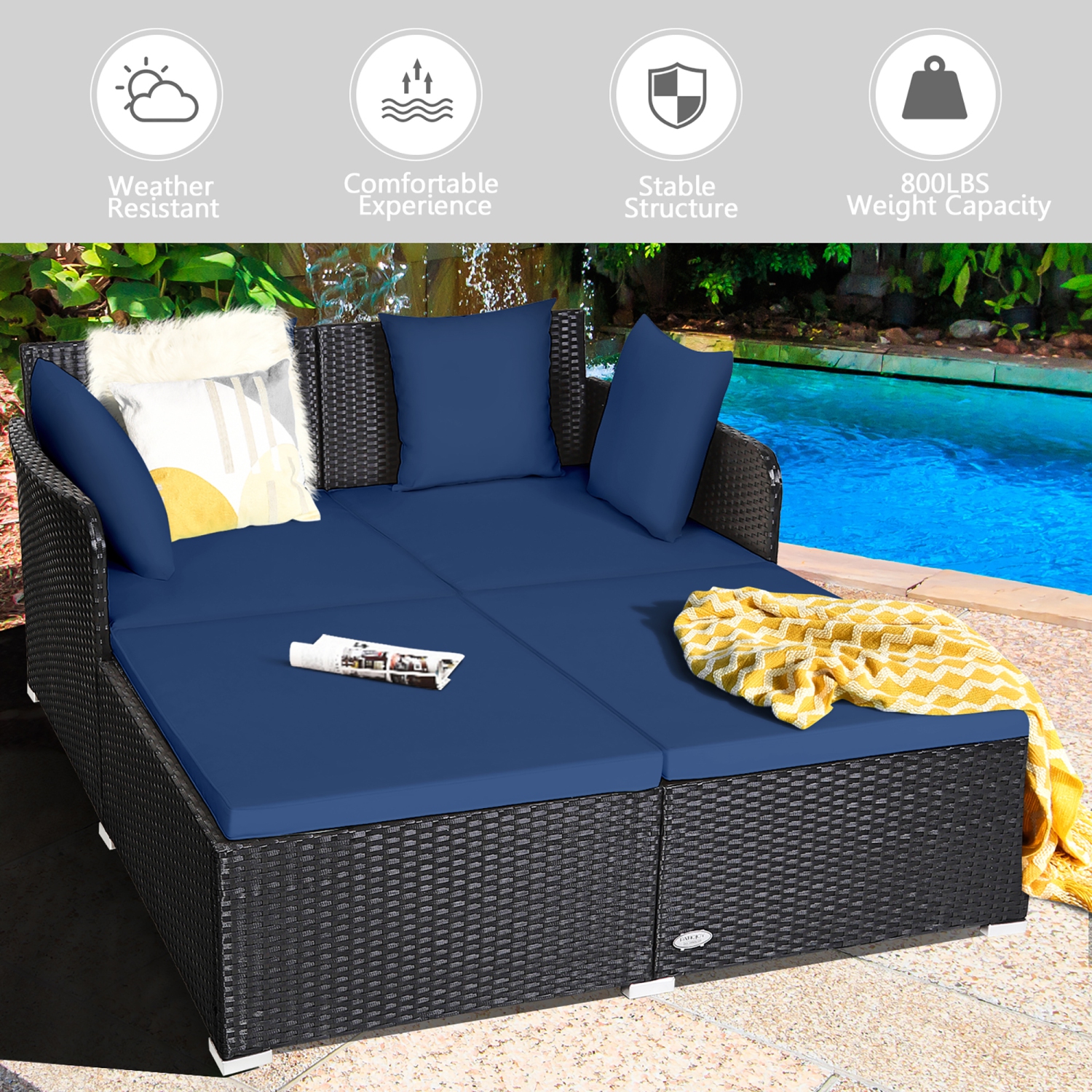 Gymax Rattan Patio Daybed Loveseat Sofa Yard Outdoor w/ Navy Cushions Pillows