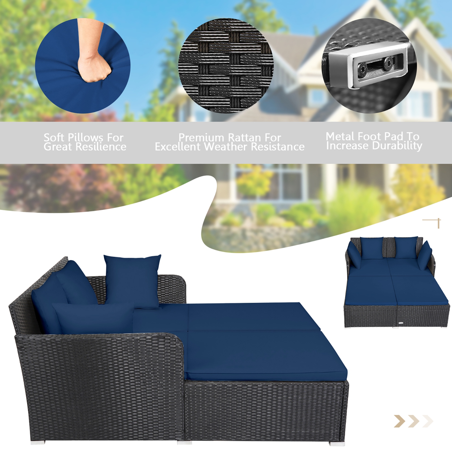Gymax Rattan Patio Daybed Loveseat Sofa Yard Outdoor w/ Navy Cushions Pillows