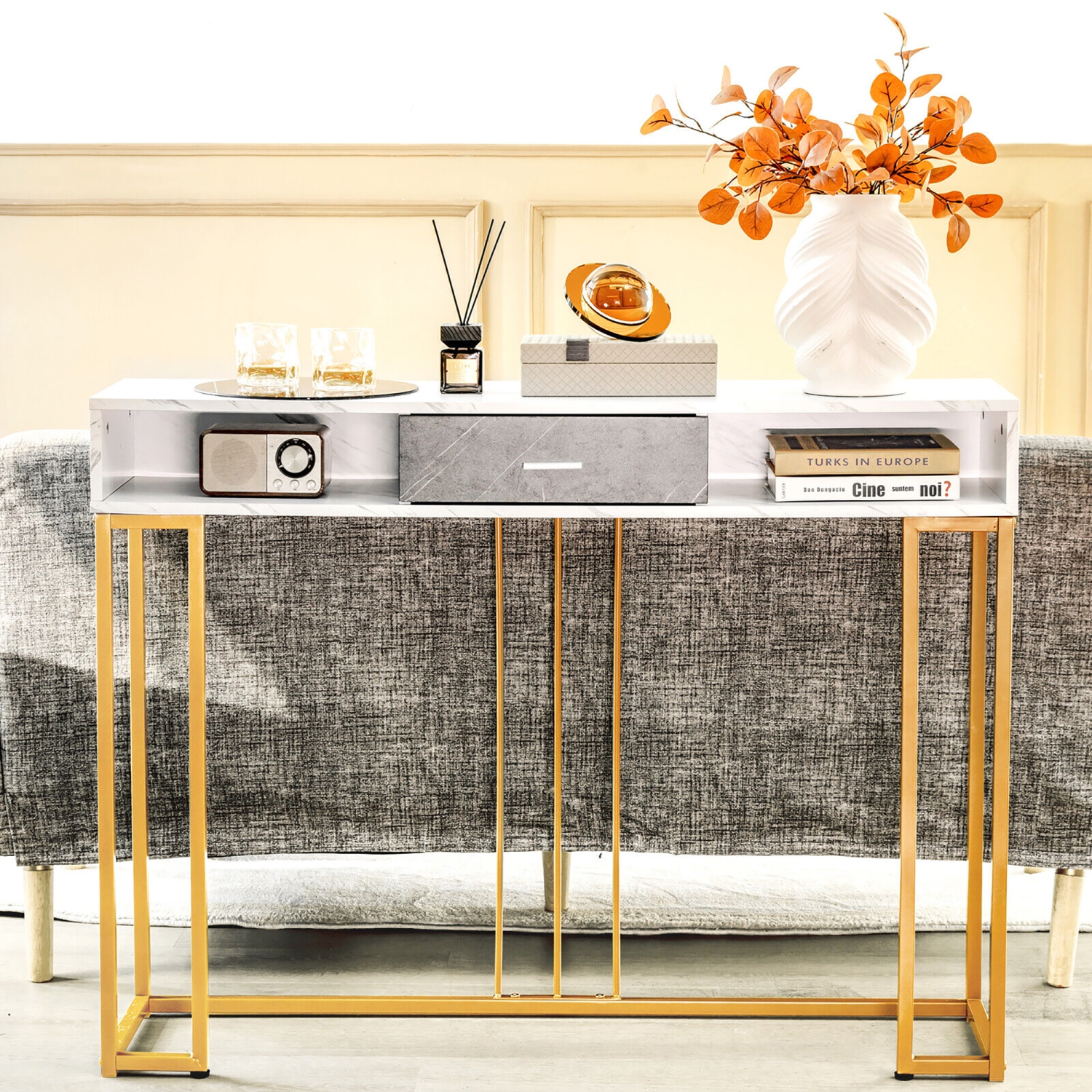 Gymax Console Entryway Hallway Table Gold Narrow Long Sofa Table for Living Room