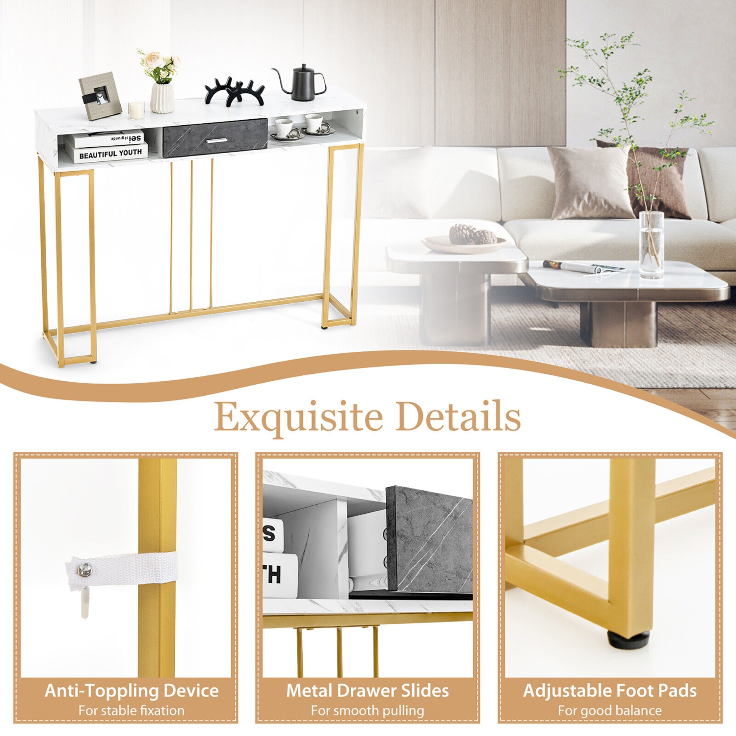 Gymax Console Entryway Hallway Table Gold Narrow Long Sofa Table for Living Room