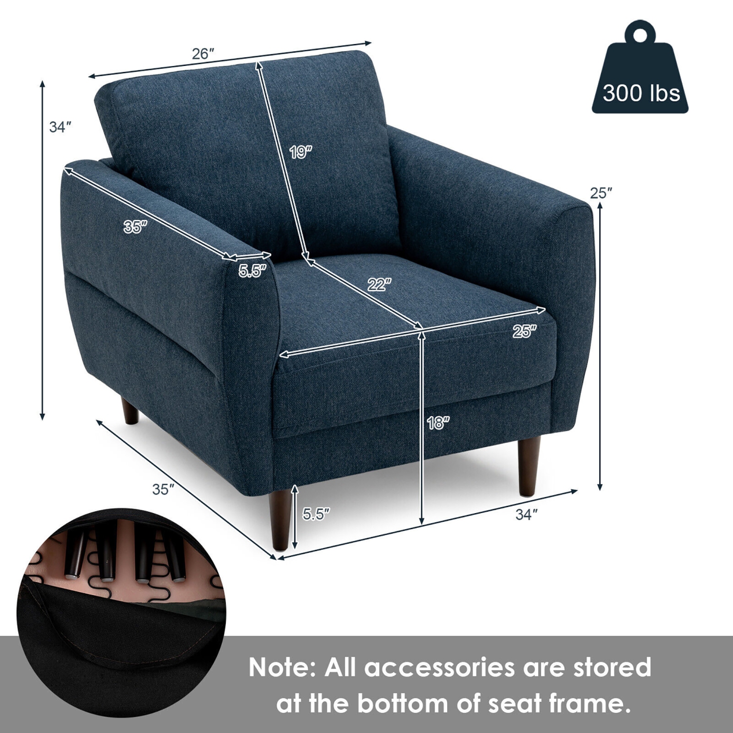 Gymax Modern Upholstered Accent Chair Single Sofa Armchair Living Room Furniture Navy