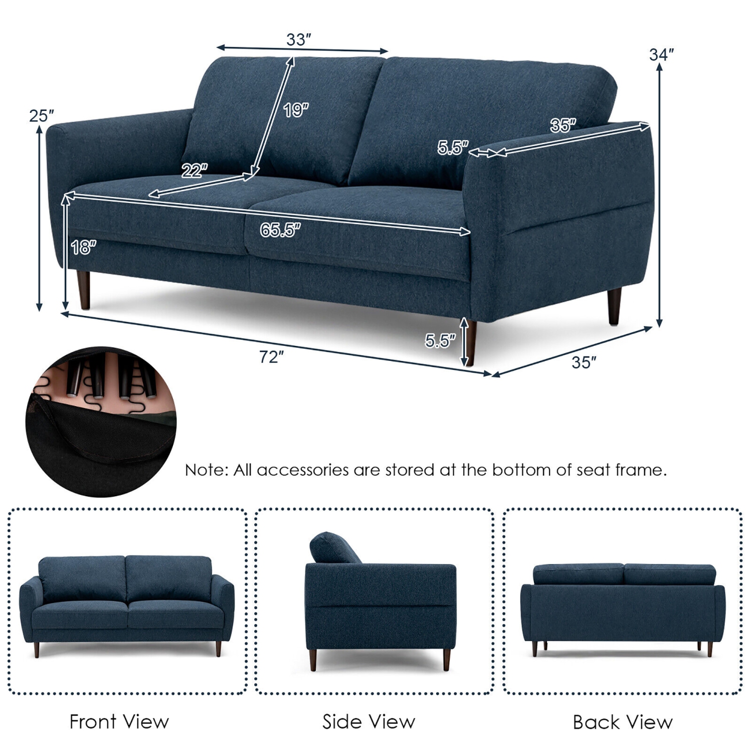 Gymax 72'' Fabric Sofa Couch Living Room Small Apartment Furniture w/ Wood Legs Navy