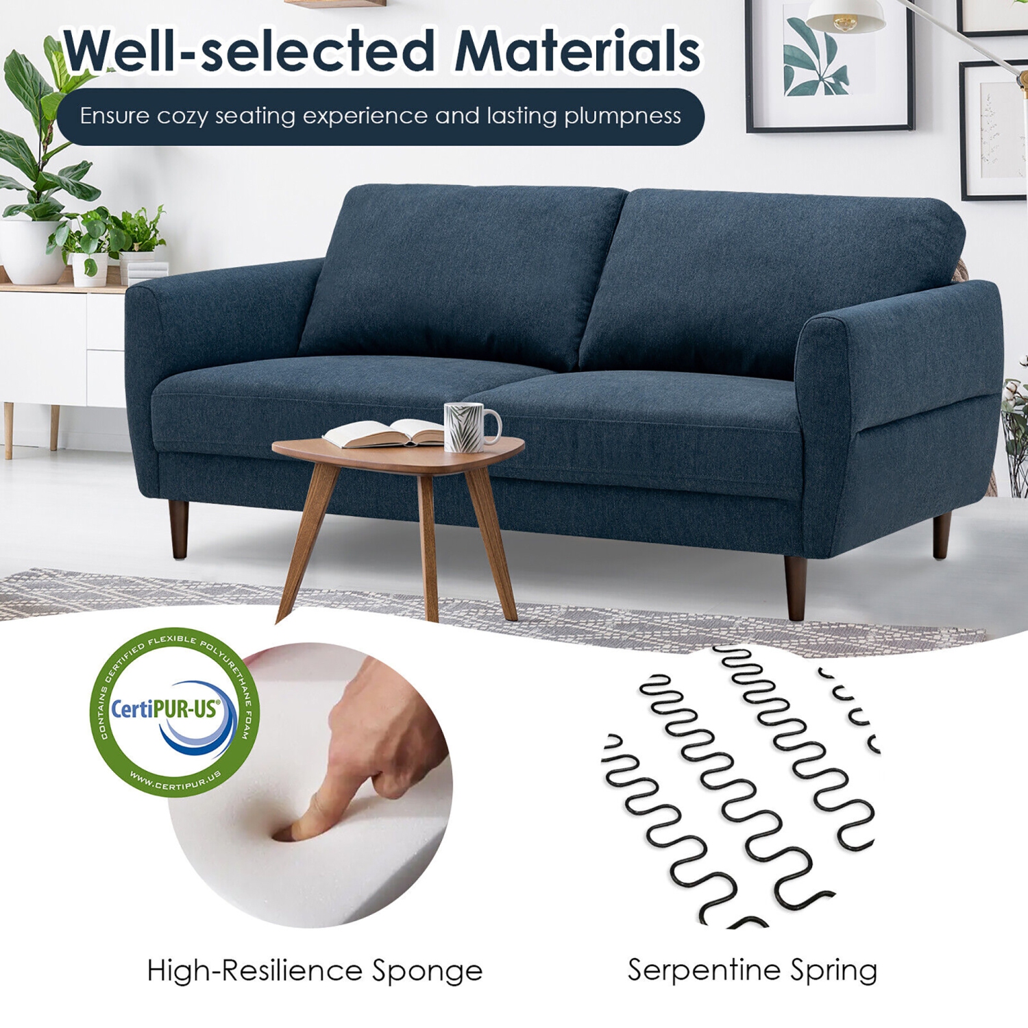 Gymax 72'' Fabric Sofa Couch Living Room Small Apartment Furniture w/ Wood Legs Navy