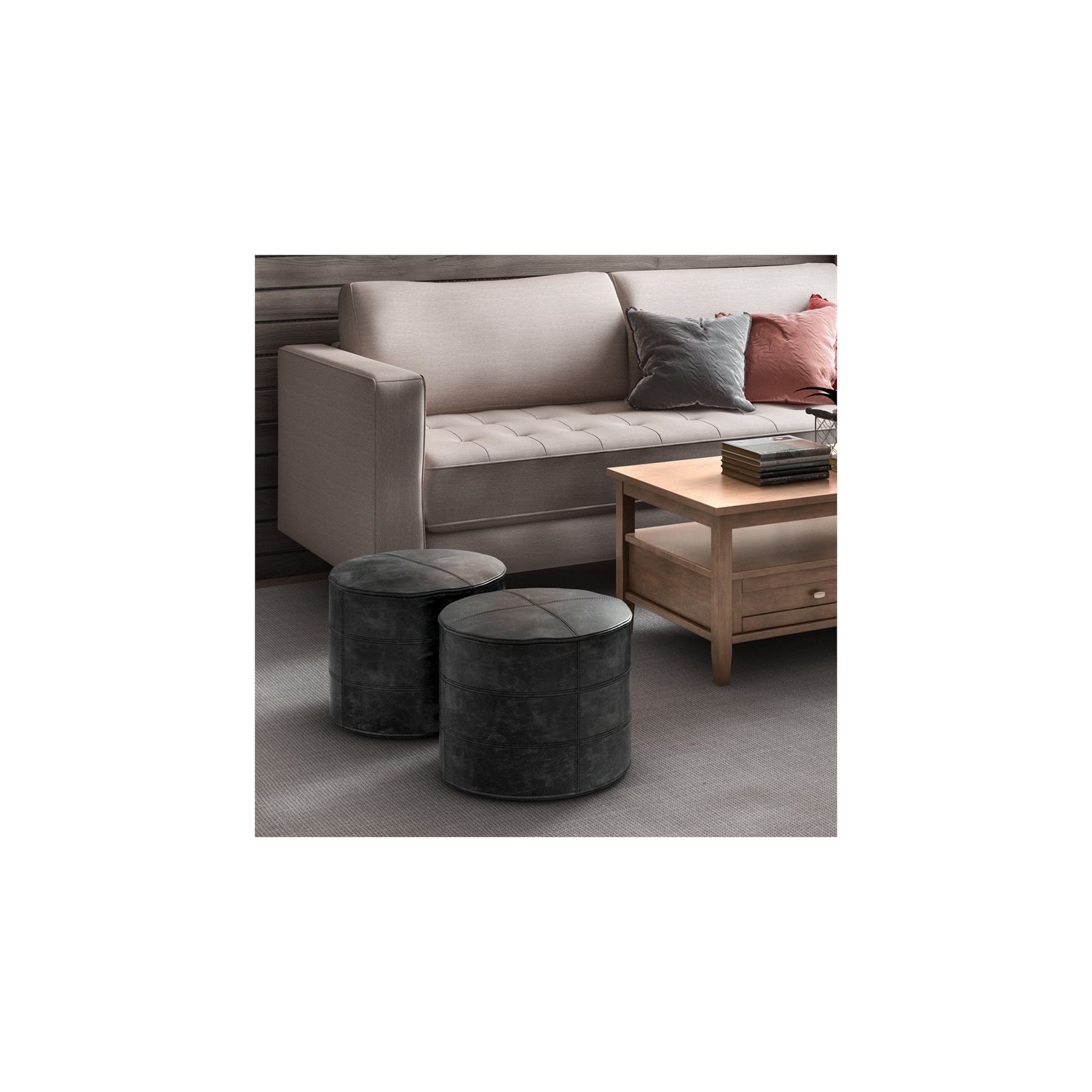 Trent Home – Pouf rond Boho en cuir véritable noir vieilli