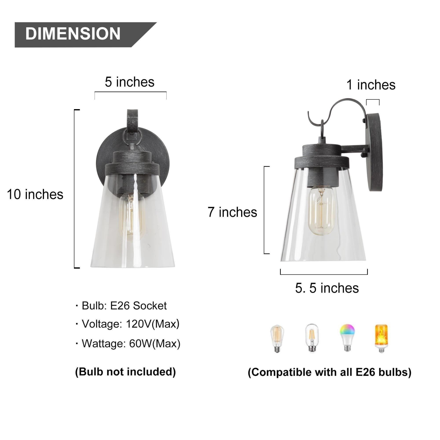 1-Light Modern Clear Cone Glass Outdoor Wall Sconce Patio Lantern Lamps