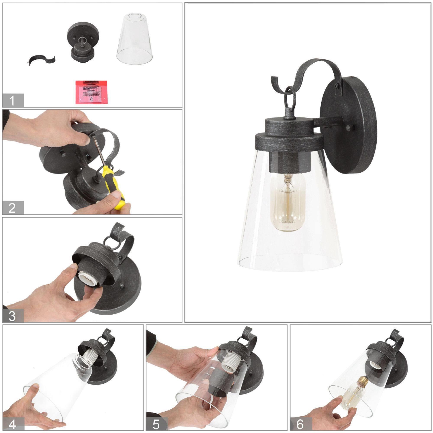 1-Light Modern Clear Cone Glass Outdoor Wall Sconce Patio Lantern Lamps