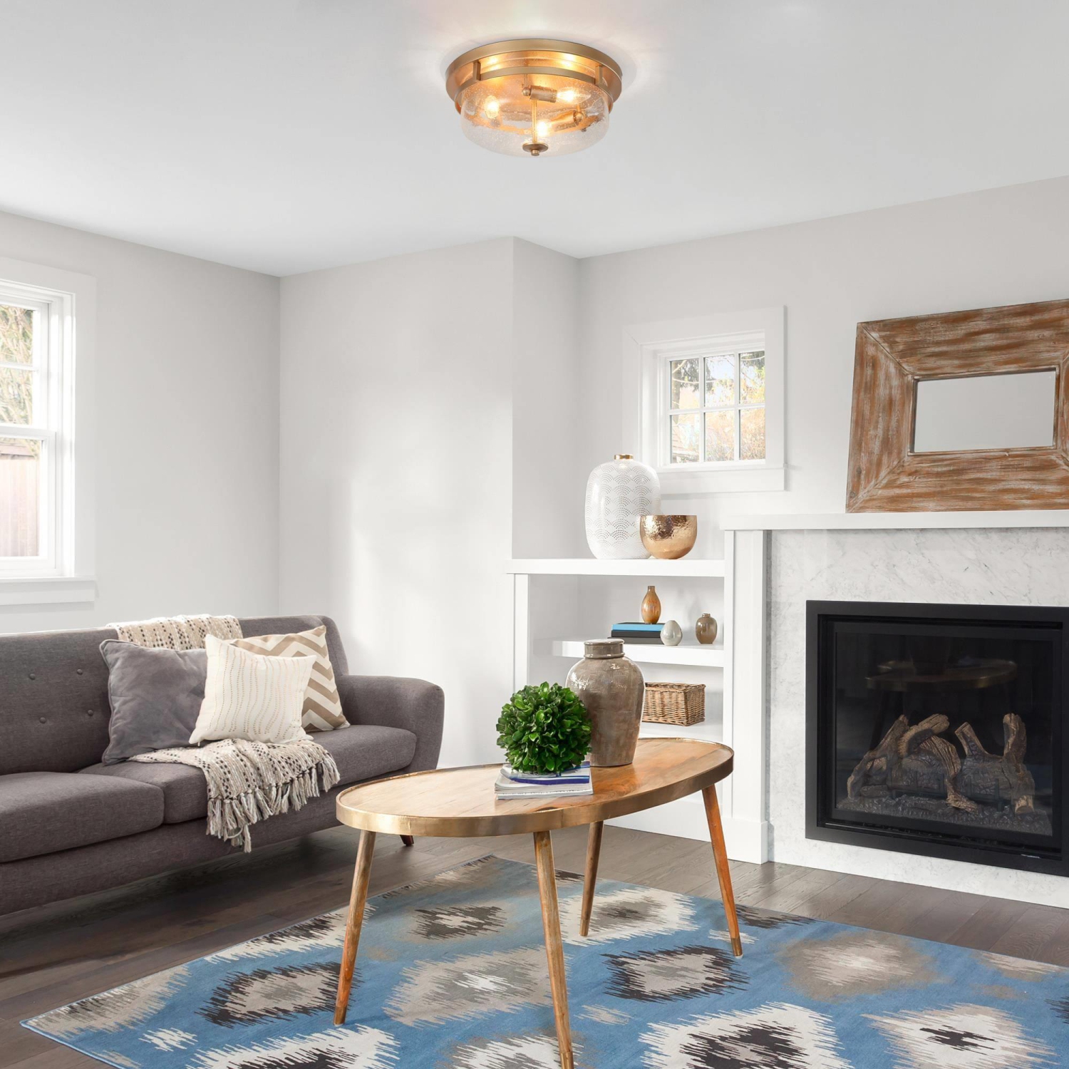 Modern 3-Light Seeded Glass Brass Gold Flush Mount Light&nbsp;