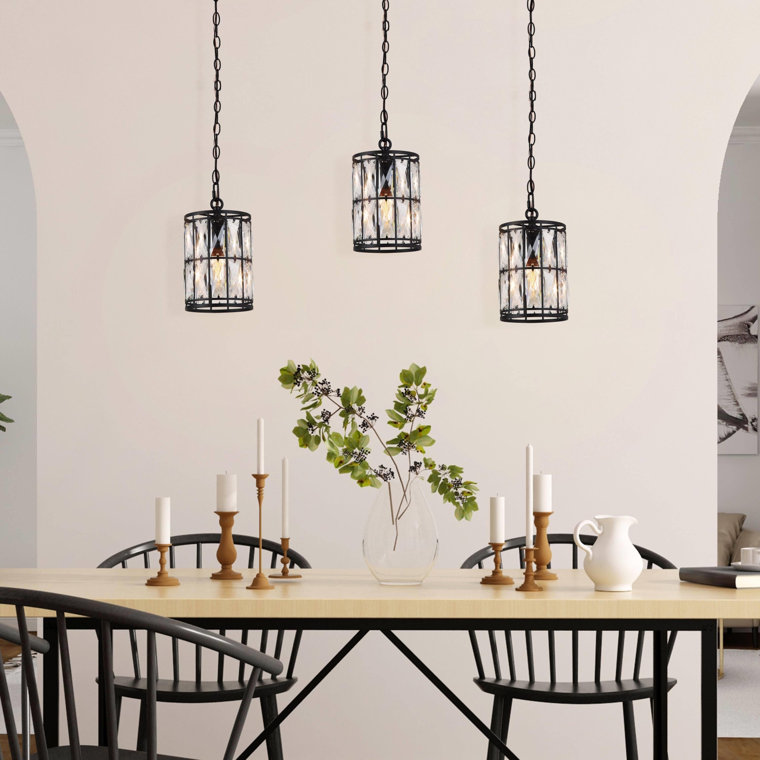 Modern Glam Crystal – Luminaire suspendu cylindrique à 1 ampoule pour îlot de cuisine