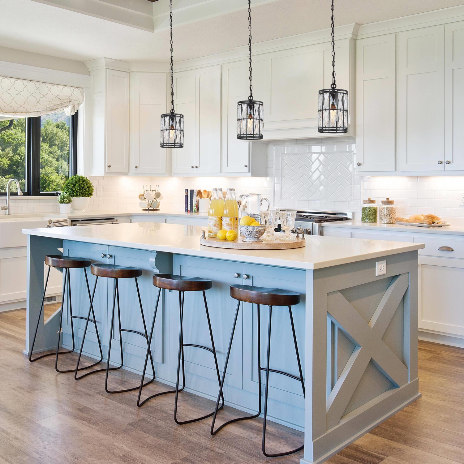 Modern Glam Crystal – Luminaire suspendu cylindrique à 1 ampoule pour îlot de cuisine