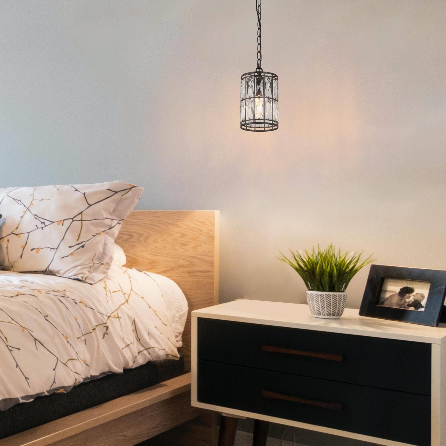 Modern Glam Crystal – Luminaire suspendu cylindrique à 1 ampoule pour îlot de cuisine