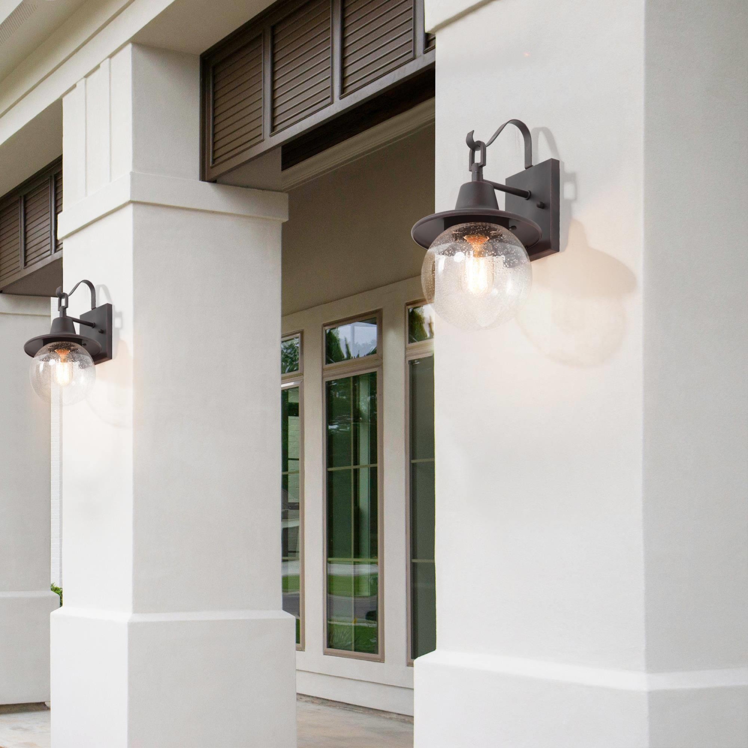 Set of 2 Modern 1-Light Outdoor Globe Wall Sconce with Seeded Glass Shade