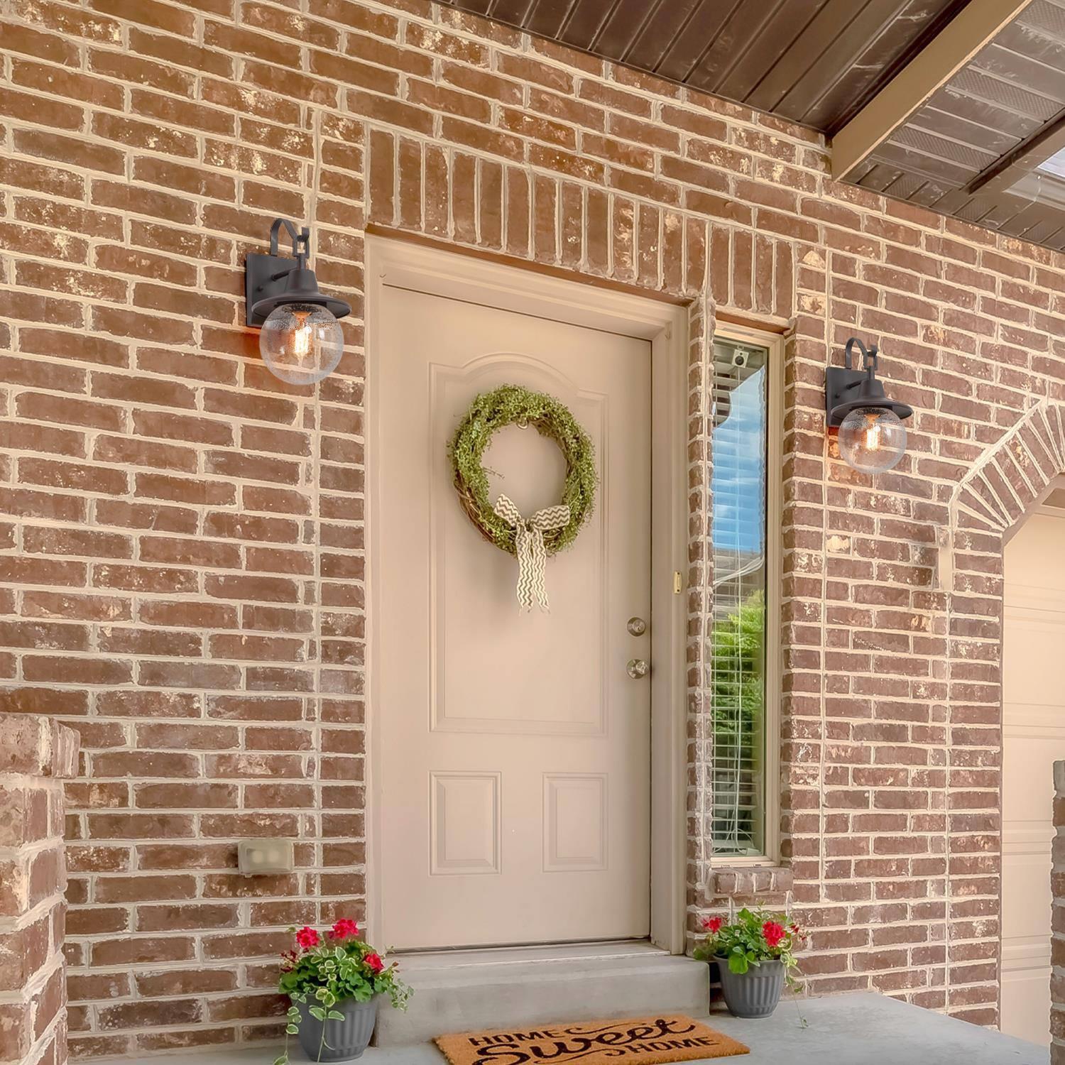 Set of 2 Modern 1-Light Outdoor Globe Wall Sconce with Seeded Glass Shade