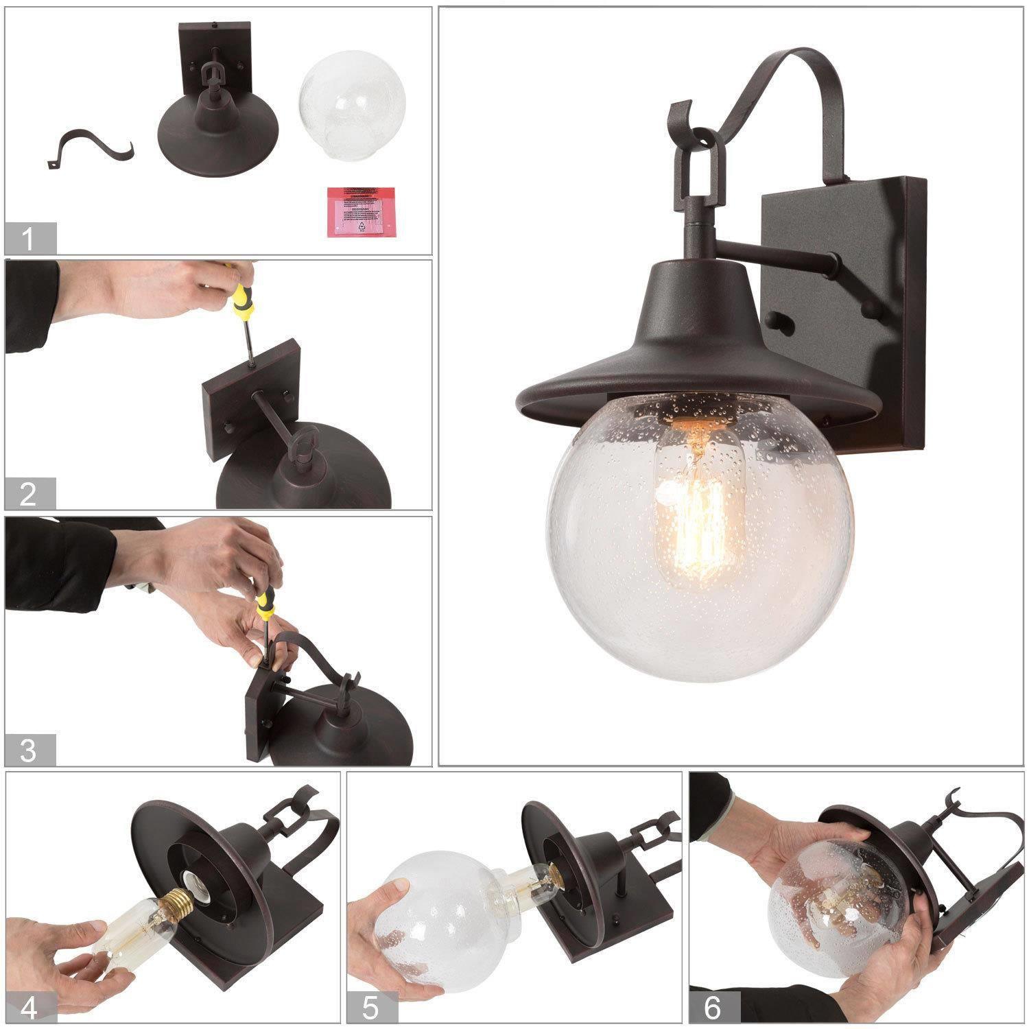 Set of 2 Modern 1-Light Outdoor Globe Wall Sconce with Seeded Glass Shade