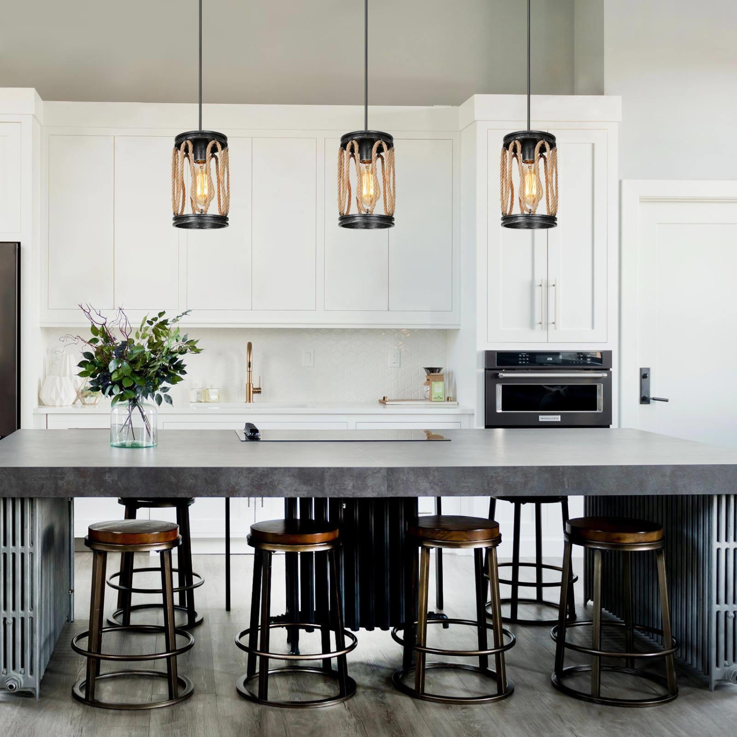 Modern 1-Light Cylinder Metal Island Pendant Lights with Hemp Rope&nbsp;
