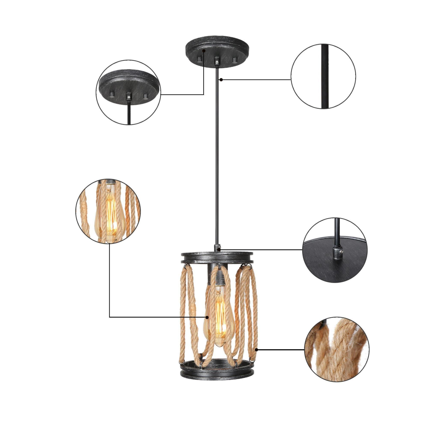 Modern 1-Light Cylinder Metal Island Pendant Lights with Hemp Rope&nbsp;