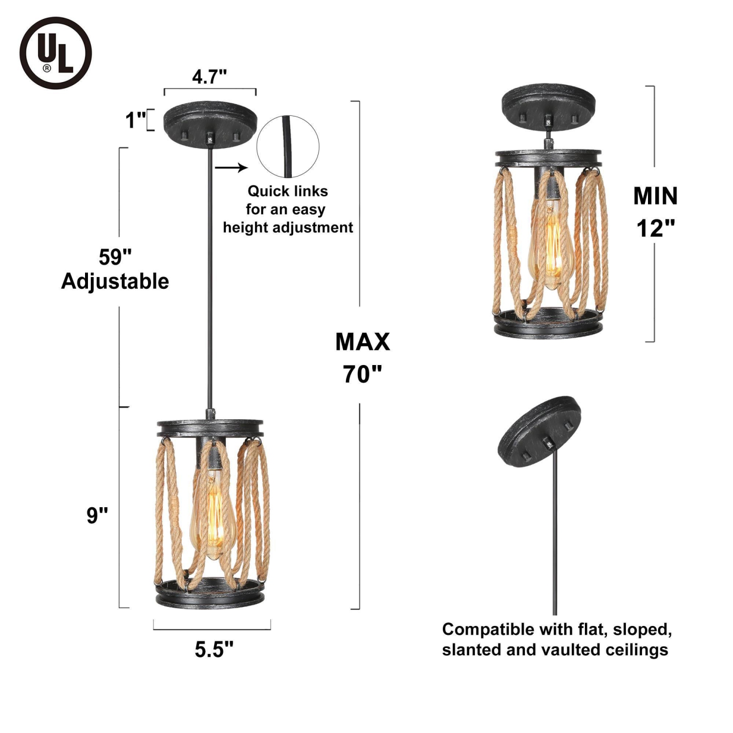 Modern 1-Light Cylinder Metal Island Pendant Lights with Hemp Rope&nbsp;