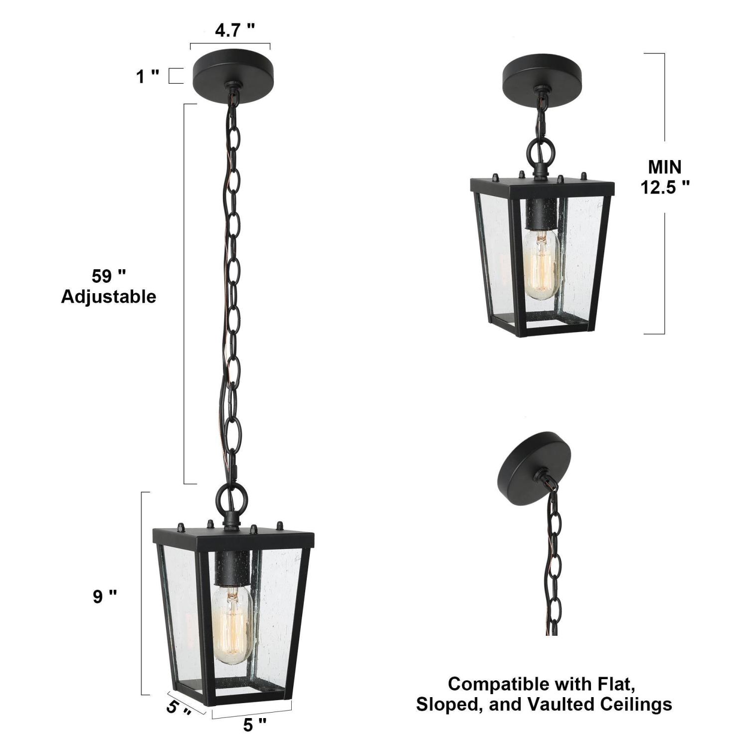 Modern 1-Light Black Outdoor Wall Lights Glass Exterior Porch Patio Lantern Lamps 