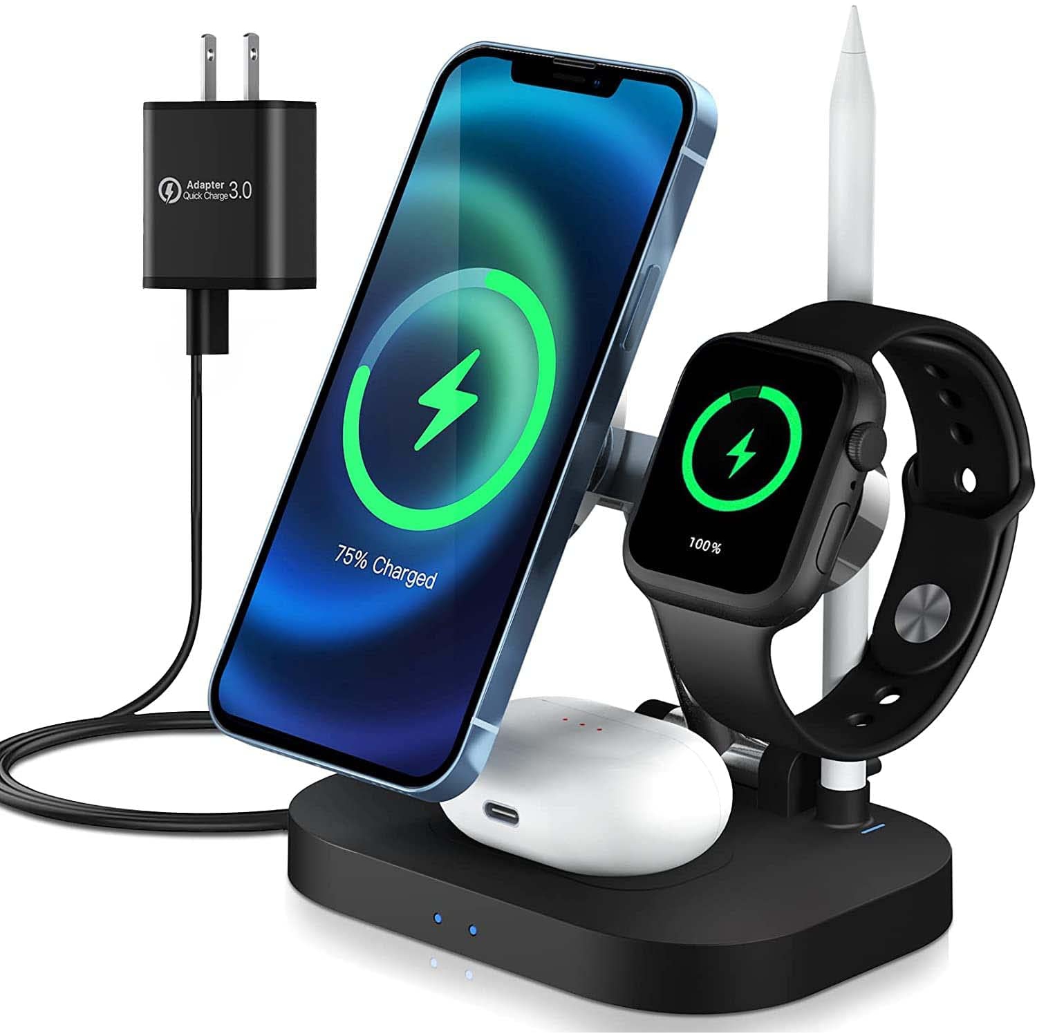 4 in 1 Wireless Charging Station for iPhone 13/12/11/ iWatch/Airpods/Apple Pencil 1 15W Fast Wireless Charger Stand for iPhones & Samsung Galaxy Series (with QC3.0 Adapter)