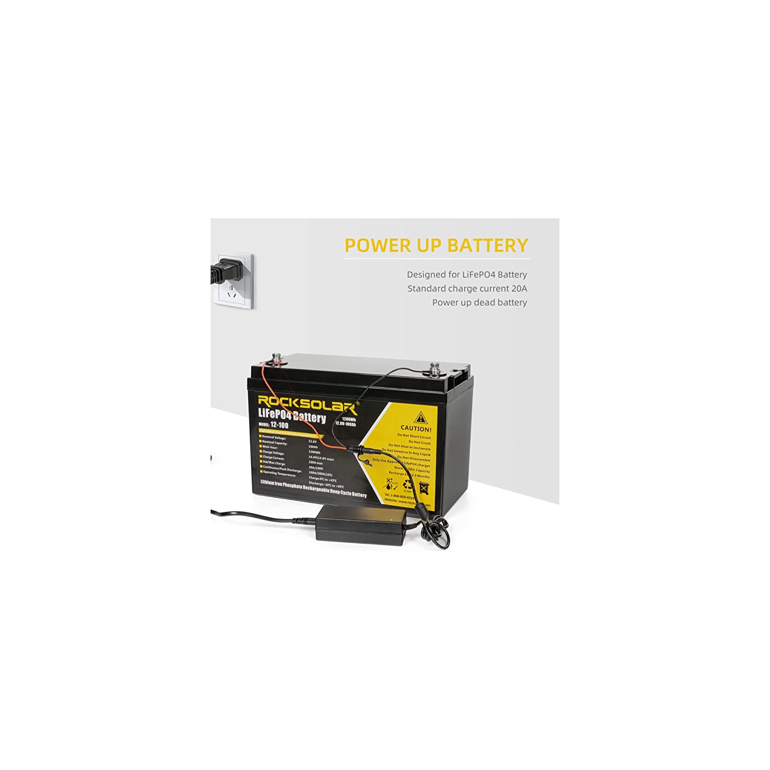 Batterie au lithium ROCKSOLAR - Batterie LiFeP04 12V - 100AH ​​avec chargeur de batterie
