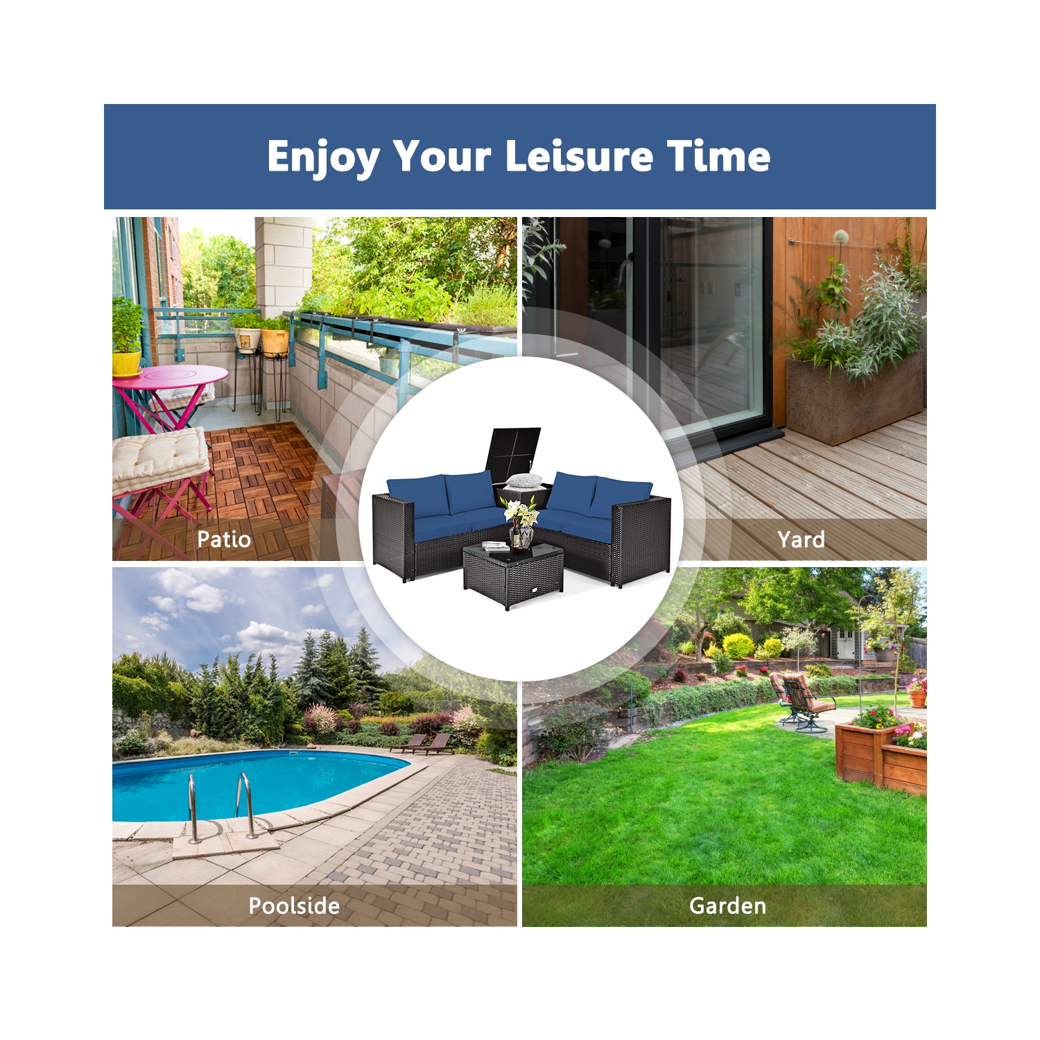 Ensemble patio 5 pièces TopBuy avec table au propane 50 50,000 BTU/osier PE/beige/bleu marine/rouge/turquoise