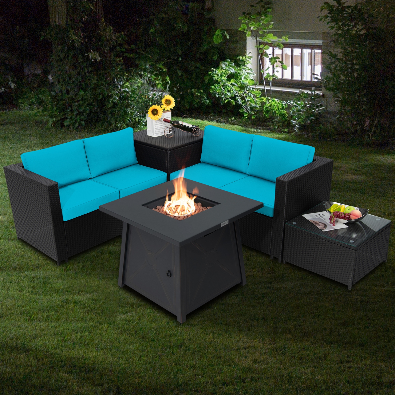 Topbuy 5-Piece Outdoor Patio Furniture Set with 50,000 BTU Propane Fire Pit Table Patio PE Wicker Conversation Set Beige/Navy/Red/Turquoise