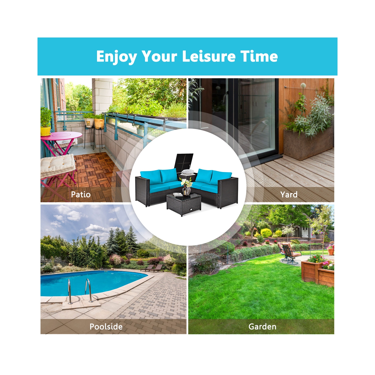 Topbuy 5-Piece Outdoor Patio Furniture Set with 50,000 BTU Propane Fire Pit Table Patio PE Wicker Conversation Set Beige/Navy/Red/Turquoise