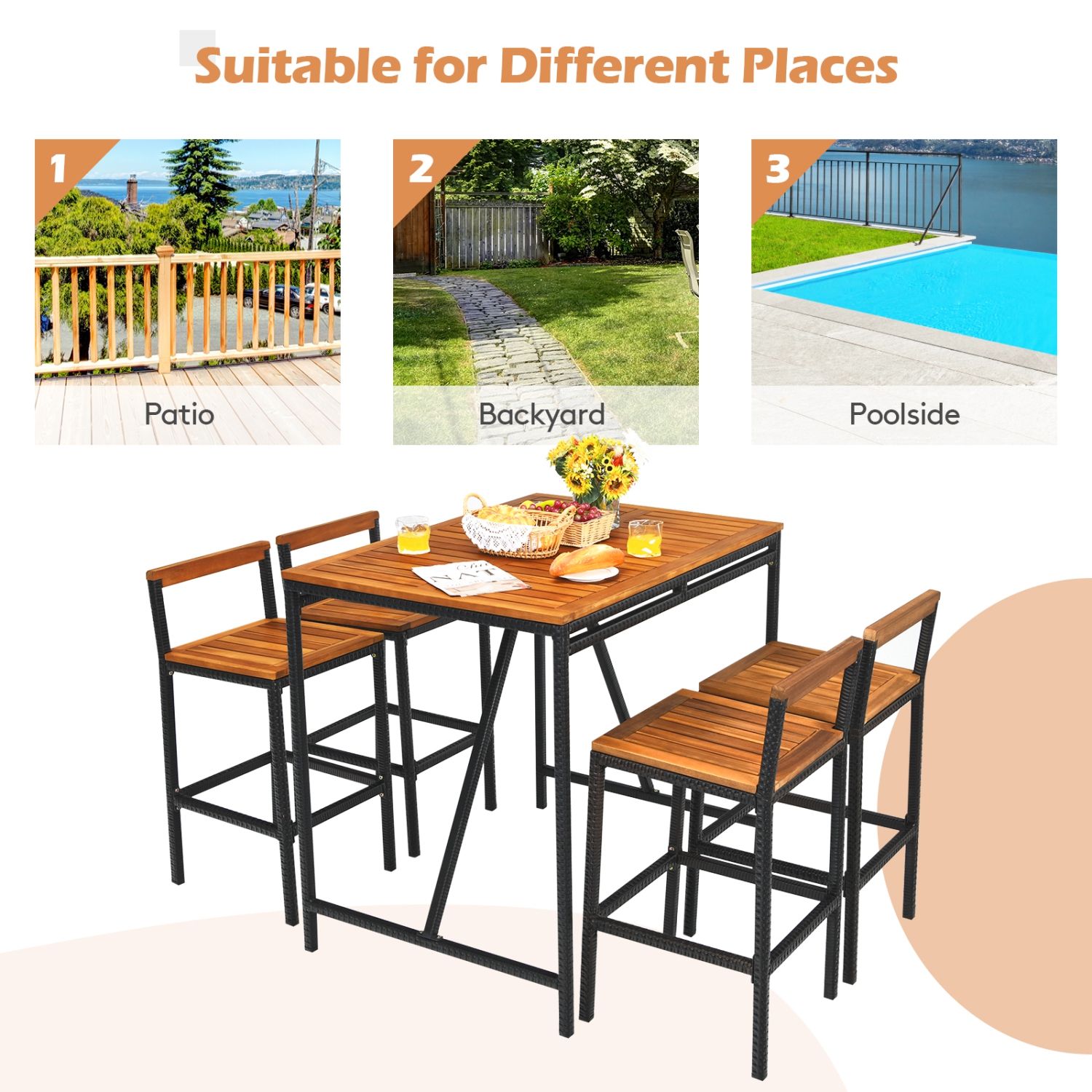 Patiojoy 5PCS Patio Rattan Bar Set with Umbrella Hole Wood High-Dining Bistro Set with 4 Bar Stools for Poolside&Garden