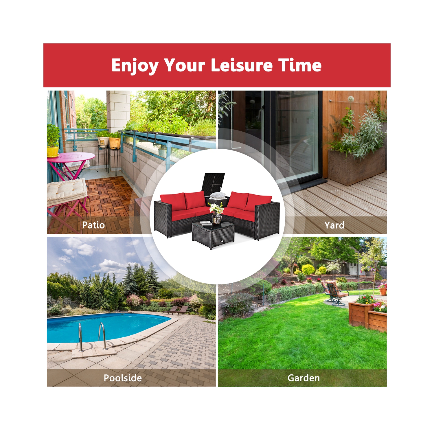 Ensemble de patio extérieur 5 pièces Topbuy avec table foyer au propane 50&nbsp;000&nbsp;BTU Ensemble patio en osier en PE avec boîte de rangement à