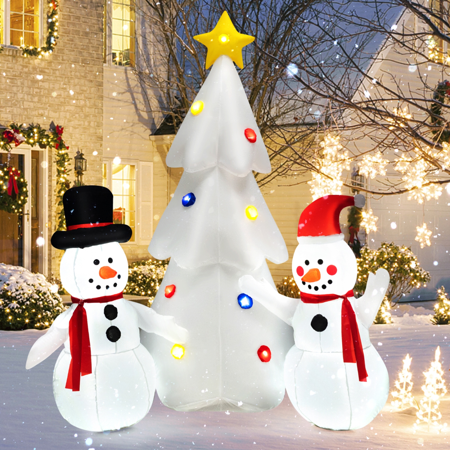 Topbuy 6 FT Inflatable Christmas Tree with 2 Fun Snowmen, Blow Up Xmas Decoration with 9 Flashing Lights & 4 Ordinary LED Lights