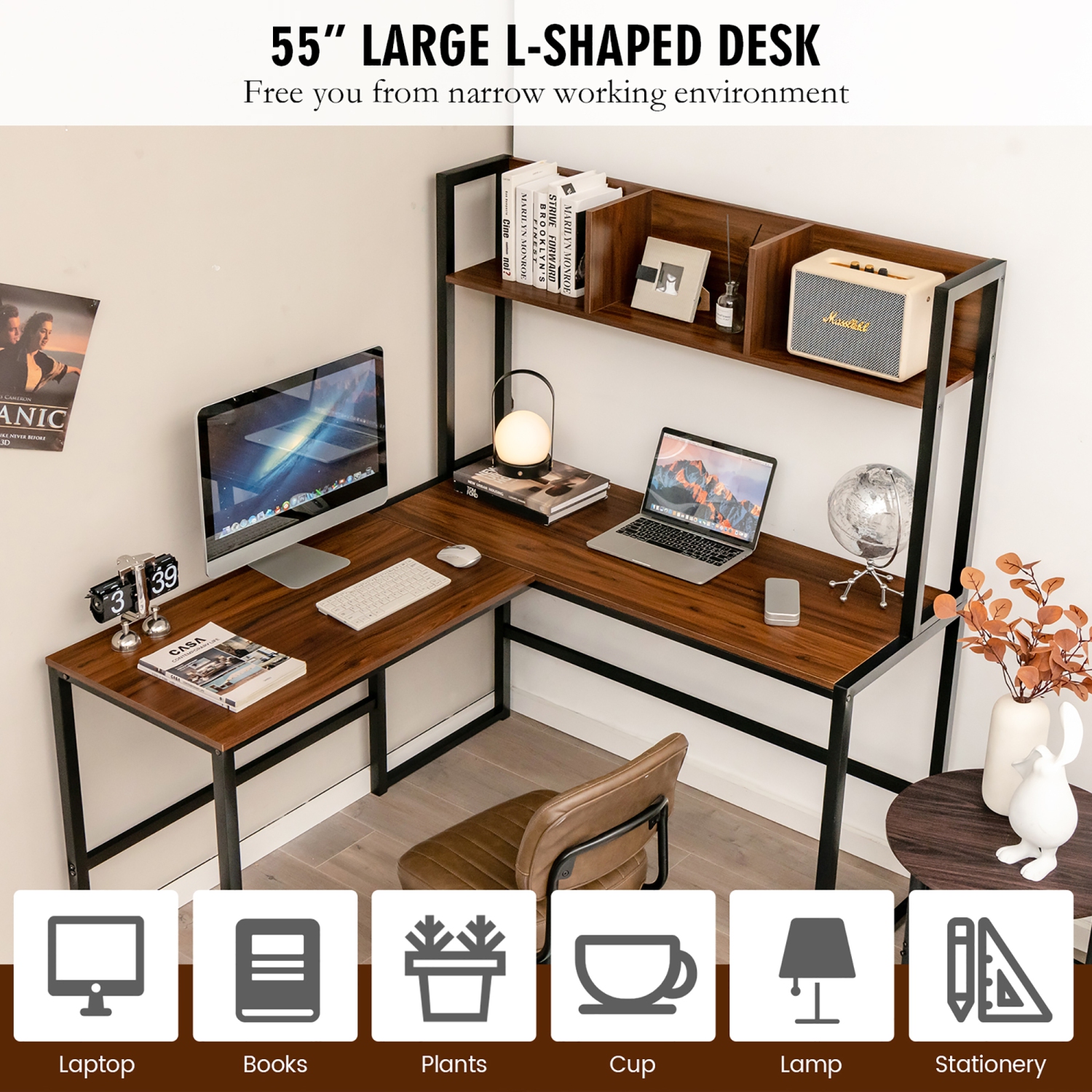Costway 55"L-Shaped Desk Corner Computer Desk Writing Workstation Table w/Hutch Teak