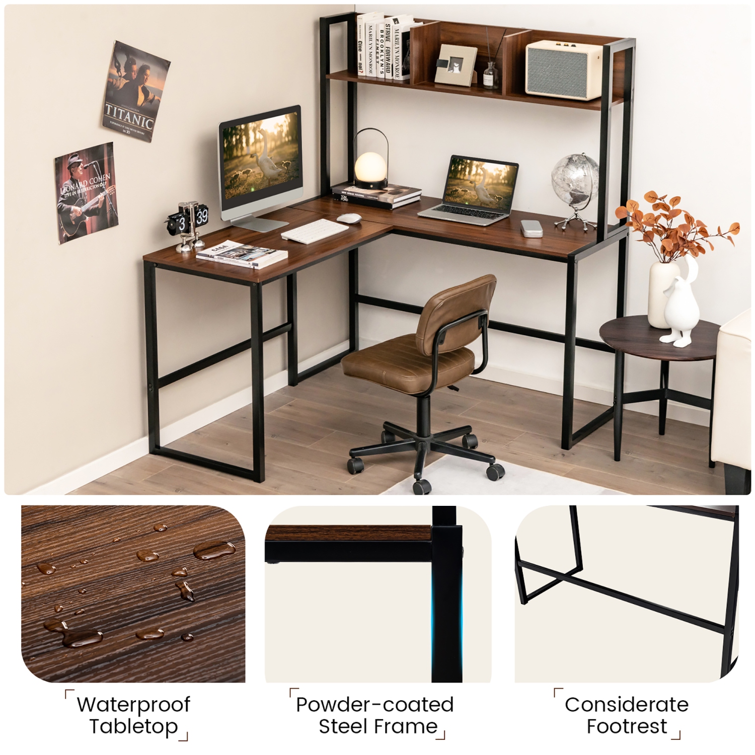 Costway 55"L-Shaped Desk Corner Computer Desk Writing Workstation Table w/Hutch Teak