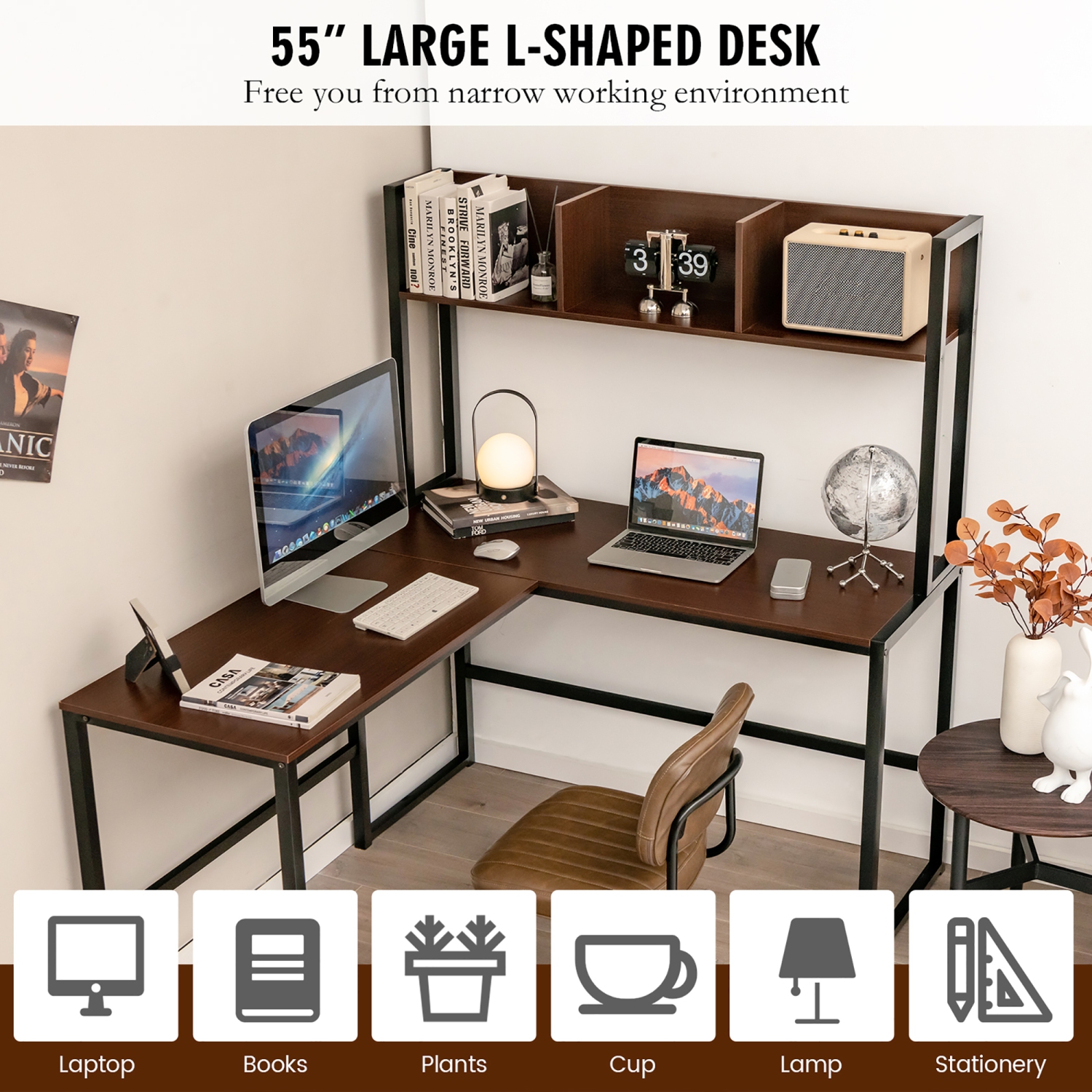 Costway 55"L-Shaped Desk Corner Computer Desk Writing Workstation Table w/Hutch Teak